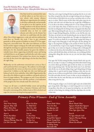 03
Our final week has continued the same
as all the others in our first term as a
new school, with extreme vibrancy
offering new opportunities for students
to develop academically and personally.
It was great to see the response of our
younger students to the disaster that hit
the Philippines recently. They had many
wonderful ideas on how we could
educate each other on the disaster but
also how we could help with the relief
effort. One of their suggestions, a cake sale and non-uniform day,
took place on Tuesday this week. I have to give enormous
gratitude to all the parents of children in classes F1-Y2 for organ-
ising such a successful event. The cakes were delicious, so I have
heard! and the support setting up the stalls and working on them
through the morning was a generous donation of your time. Your
dedication for this charitable purpose has given the children a
valuable lesson about supporting worthwhile causes and having
real belief that we can all support and look after each other as part
of a global community. Our students have shown true integrity;
not only do they know the right thing to do but they have done
the right thing.
Wednesday saw the auditorium converted into a circus as Year 1
and 2 performed their extravaganza. The audience was thorough-
ly entertained by the various acts that were on show. I particularly
enjoyed the 5 children on the high wire who were held up and
balanced only by their umbrellas; what skills! Opportunities like
these allow the children to gain in confidence and speak and act in
front of a larger audience. The youngest are only 5 years old and it
is incredibly impressive how well they perform, a real indication
of the progress they have already made this school year.
I hope you all enjoy a wonderful holiday season and spending
time with your families. Have a fantastic Christmas and I look
forward to welcoming all the children back in 2014 refreshed and
eager for even more exciting learning opportunities.
Tuần học cuối cùng ở trường đã tiếp tục giống như tất cả các tuần
học khác trong kỳ học đầu tiên tại ngôi trường mới của chúng ta,
với rất nhiều cơ hội dành cho các em học sinh phát triển cả về học
tập và cá nhân. Thât là tuyệt vời khi được thấy phản ứng của các
em học sinh nhỏ tuổi với thảm họa xảy ra gần đây ở Phillipines.
Các em đã có rất nhiều ý tưởng tuyệt vời về việc chúng ta làm thế
nào có thể nhận thức được về thảm họa này và cả cách chúng ta
làm thế nào để giúp đỡ với những nỗ lực mong giảm nhẹ được hậu
quả. Một trong những đề xuất của các em, một buổi bán bánh từ
thiện và ngày không đồng phục, đã diễn ra vào thứ Ba tuần này.
Tôi thực sự rất biết ơn toàn bộ phụ huynh của các lớp từ F1 đến
Y2 đã tổ chức thành công sự kiện này. Tôi nghe nói rằng bánh rất
ngon! Và sự hỗ trợ chuẩn bị các quầy hàng và giúp bán hàng cả
buổi sáng là một đóng góp về mặt thời gian rất hào phóng của
Quý vị. Sự cống hiến của Quý vị cho sự kiện từ thiện này đã cho
các em một bài học vô giá về việc ủng hộ với những mục đích đáng
giá và thực sự có niềm tin rằng tất cả chúng ta đều có thể giúp đỡ
và chăm sóc lẫn nhau như một phần của cộng đồng toàn cầu. Các
em học sinh đã thể hiện được sự chính trực; các em không chỉ biết
những điều đúng đắn cần làm mà các em còn làm được những
điều đó.
Vào ngày thứ Tư hội trường đã được chuyển thành một rạp xiếc
khi các em Lớp 1 và Lớp 2 có những màn biểu diễn hoành tráng
của mình. Khán giả đã được giải trí bởi rất nhiều các màn biểu
diễn trong chương trình. Tôi đặc biệt thích màn 5 em nhỏ biểu
diễn đi dây các em đã phải đứng vững và giữ thăng bằng chỉ bằng
những chiếc ô; quả là một kỹ năng! Những cơ hội như vậy cho
phép các em có thêm tự tin phát biểu và diễn trước đông khan giả.
Em nhỏ tuổi nhất chỉ mới 5 tuoir và thực sự rất ấn tượng khi các
em biểu diễn rất tốt, một dấu hiệu của sự tiến bộ các em đã đạt
được trong năm học này.
Tôi hi vọng tất cả Quý vị sẽ có một kỳ nghỉ tuyệt vời và dành thời
gian với gia đình. Chúc Quý vị có một Giáng sinh vui vẻ và tôi rất
mong được chào đón các em quay lại trường học vào năm 2014
mới mẻ và hào hứng cho những cơ hội học tập thậm chí còn thú
vị hơn nữa.
F1/2:
Thai Trieu Tuong
Nguyen Thuy Anh
Pham Thieu Bao
Ngo Vinh Thai Anh
Primary Prize Winners - End of Term Assembly
F3:
Phan Gia Han
Le Minh Kiet
Thai Tue Anh
Ly Gia Khang
Year 1:
Pham Dinh Thien
Tran Gia Bao
Bui Quang Anh
Nguyen Vu Anh
Year 2:
Pham Thanh Thao
Nguyen Manh Hai Nguyen
Nguyen Trinh Bao Chau
Tran Ngoc Quoc Huy
Year 3:
Pham Mai Khue
Vu Hoang Quan
Nguyen Phuong Thao My
Lai Thi Lan Anh
Year 4:
Le Ha Chau
Pham Dinh Thang
Le Duc Loc
Vu Khanh Toan
Year 5:
Tran Gia Linh
Dang Khoi Nguyen
Pham Trung Kien
Hoang Khanh Van
Le Hong Trang
Bui Linh Nhi
Year 6:
Vu Ngoc Khanh Linh
Nguyen Phuong Nhung
Vu Diep San
Pham Gia Khanh
From Mr Nicholas West - Deputy Head Primary
Thông điệp từ thầy Nicholas West - Hiệu phó Khối Mầm non, Tiểu học
 
