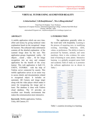 International Journal of Trendy Research in Engineering andTechnology
Volume 3 Issue 1 Feb 2019
_____________________________________________________________________________________
www.trendytechjournals.com
25
VIRTUAL TUTOR USING AUGMENTED REALITY
A.Sabarinathan1
, S.R.Ranjithkumar1
, Mrs.A.Bhagyalakshmi2
1
Final Year UG Student, 2
Asst. Professor,
Department of Computer Science, Velammal Engineering College, Ambattur Red Hills Road
Chennai -600 066, India
sabarinathan935@gmail.com , ranjithrotcod@gmail.com ,kirubhagya @gmail.com
ABSTRACT
A mobile application which can save time,
effort and money by giving technical video
explanation based on the recognised image
for learners. The collected video information
contains all the detailed explanation of the
scanned image done by the user. This
application groups Augmented reality , 3d
objects , sound , video , AI for image
recognition into an easy and compact
application for the benefit of the every
learner. This web application is built C#,
UNITY, VUFORIA with the help of
Vuforia server connected by asserts. This
mobile application serves as an easier way
to access details and documentaries related
to recognised object. It includes an
automatic AR Camera and image target
along with the video player which makes it
easier for recognising the image and to
learn. The database is done with Vuforia
cloud database. The UI provides an
excellent user friendly environment that
makes the communication more interactive.
Keywords Mobile application, Vuforia,
Unity, AR Camera, C#.
I. INTRODUCTION
The application generally refers to
the word tutor with hospitality. Learning is
the process of acquiring new, or modifying
existing, knowledge, behaviors, skills,
values, or preferences. The ability to learn is
possessed by humans, animals, and some
machines; there is also evidence for some
kind of learning in some plants. Interactive
learning is a globally accepted career field
and academic field of study as it promotes
the software application too as shown in
Table 1.
Table 1. countries investing in e-learning
 