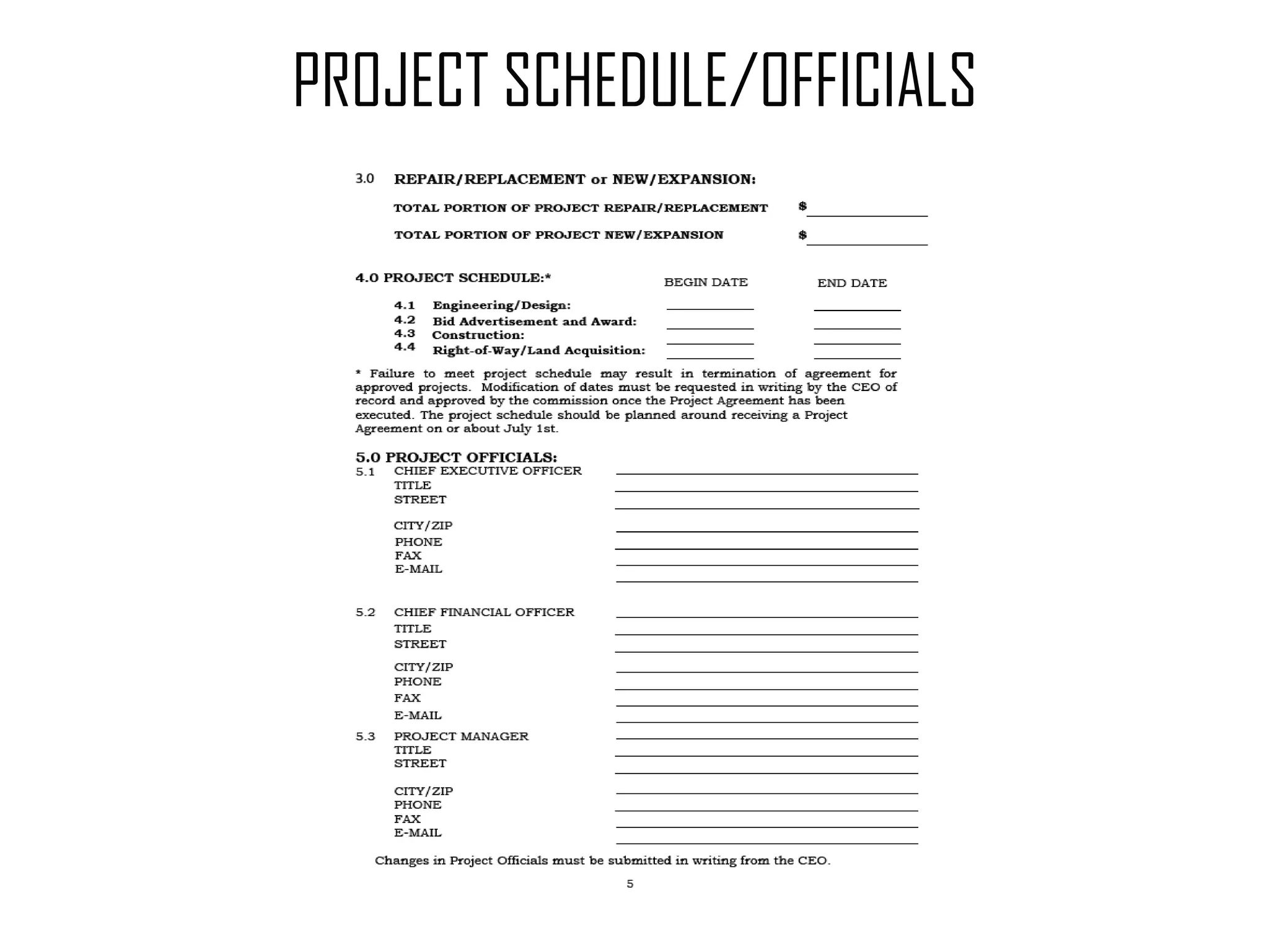 PROJECT SCHEDULE/OFFICIALS 
