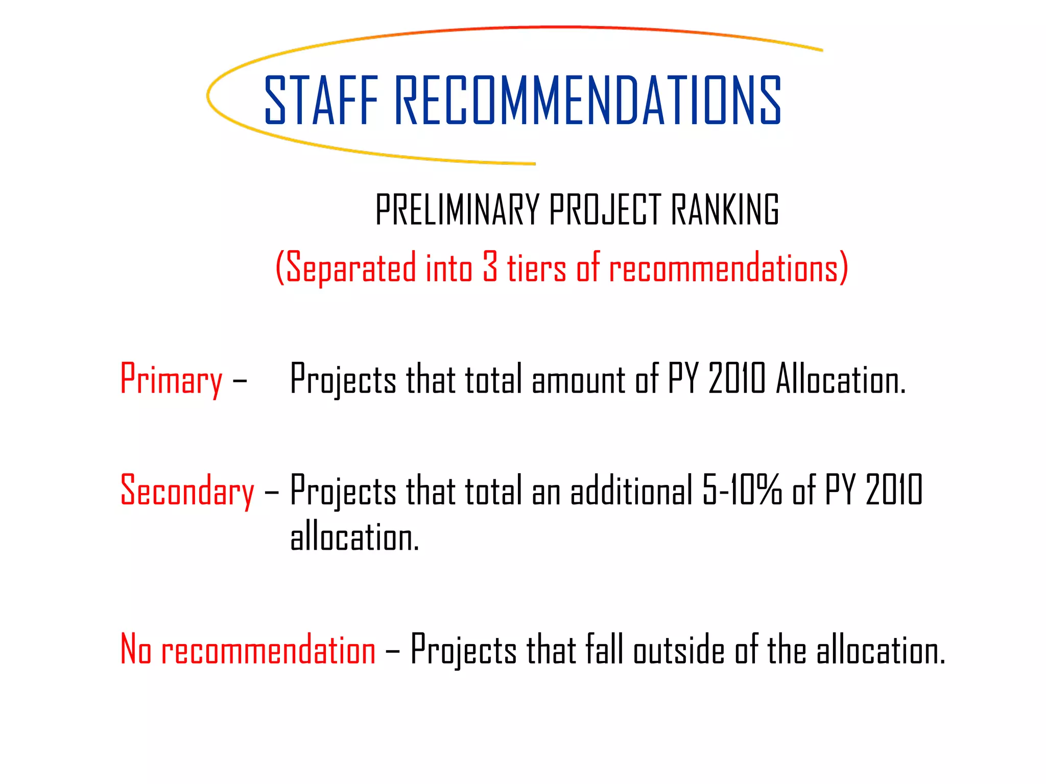 STAFF RECOMMENDATIONS PRELIMINARY PROJECT RANKING (Separated into 3 tiers of recommendations) Primary  – Projects that total amount of PY 2010 Allocation. Secondary  – Projects that total an additional 5-10% of PY 2010 allocation. No recommendation  –   Projects that fall outside of the allocation. 