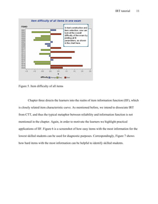 IRT tutorial 11
Figure 5. Item difficulty of all items
Chapter three directs the learners into the realm of item information function (IIF), which
is closely related item characteristic curve. As mentioned before, we intend to dissociate IRT
from CTT, and thus the typical metaphor between reliability and information function is not
mentioned in the chapter. Again, in order to motivate the learners we highlight practical
applications of IIF. Figure 6 is a screenshot of how easy items with the most information for the
lowest skilled students can be used for diagnostic purposes. Correspondingly, Figure 7 shows
how hard items with the most information can be helpful to identify skilled students.
 