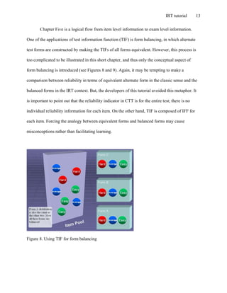 IRT tutorial 13
Chapter Five is a logical flow from item level information to exam level information.
One of the applications of test information function (TIF) is form balancing, in which alternate
test forms are constructed by making the TIFs of all forms equivalent. However, this process is
too complicated to be illustrated in this short chapter, and thus only the conceptual aspect of
form balancing is introduced (see Figures 8 and 9). Again, it may be tempting to make a
comparison between reliability in terms of equivalent alternate form in the classic sense and the
balanced forms in the IRT context. But, the developers of this tutorial avoided this metaphor. It
is important to point out that the reliability indicator in CTT is for the entire test; there is no
individual reliability information for each item. On the other hand, TIF is composed of IFF for
each item. Forcing the analogy between equivalent forms and balanced forms may cause
misconceptions rather than facilitating learning.
Figure 8. Using TIF for form balancing
 