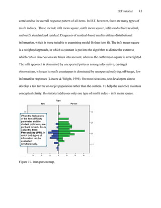 IRT tutorial 15
correlated to the overall response pattern of all items. In IRT, however, there are many types of
misfit indices. These include infit mean square, outfit mean square, infit standardized residual,
and outfit standardized residual. Diagnosis of residual-based misfits utilizes distributional
information, which is more suitable to examining model fit than item fit. The infit mean-square
is a weighted approach, in which a constant is put into the algorithm to dictate the extent to
which certain observations are taken into account, whereas the outfit mean-square is unweighted.
The infit approach is dominated by unexpected patterns among informative, on-target
observations, whereas its outfit counterpart is dominated by unexpected outlying, off-target, low
information responses (Linacre & Wright, 1994). On most occasions, test developers aim to
develop a test for the on-target population rather than the outliers. To help the audience maintain
conceptual clarity, this tutorial addresses only one type of misfit index – infit mean square.
Figure 10. Item person map.
 