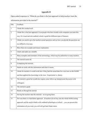 IRT tutorial 31
Appendix B
Open-ended responses to “What do you think is the best approach to help teachers learn the
information provided in the tutorial?”
Obs. Feedback
1 I think this worked well.
2 I think this is the best approach. Even people who have trouble with computers can learn this
way. It's visual and also auditory which is good for different types of learners.
3 I think you need to give the teachers actual questions and see how you decide the questions are
too difficult or too easy.
4 More than one example and clearer explanation.
5 Charts and audio are valuable.
6 More examples and reminders of the terminology, which may be unfamiliar to many teachers.
7 The tutorial seems ok.
8 Completing the tutorials.
9 Hands on work with the information and what it means.
10 I think for teachers it would work best if they had the actual data for a test item on the SAMS
and then applied this knowledge to the item. Experiential vs. theory.
11 The tutorial is great but would also require some follow-up interpersonal discussion with
colleagues.
12 The tutorial is good.
13 Hands on through the tutorial.
14 Having the teachers take the tutorials - an on-going basis.
15 Not sure there is a best/better approach. If teachers do not buy into the whole SAMs testing
approach and the need to battle with outdated technologies at school.... you can present this
information all you want, you will still get back blank stares.
 
