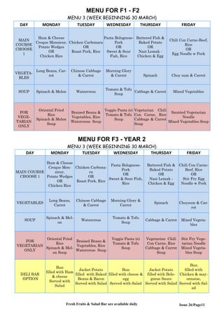 Issue 26/Page11
MENU FOR F1 - F2
MENU 3 (WEEK BEGINNING 30 MARCH)
DAY MONDAY TUESDAY WEDNESDAY THURSDAY FRIDAY
MAIN
COURSE
CHOOSE
1
Ham & Cheese
Croque Monsieur,
Potato Wedges
OR
Chicken Rice
Chicken Carbonara
OR
Roast Pork, Rice
Pasta Bolognese-
Pork
OR
Sweet & Sour
Fish, Rice
Battered Fish &
Baked Potato
OR
Nasi Lemak -
Chicken & Egg
Chili Con Carne-Beef,
Rice
OR
Egg Noodle w Pork
VEGETA-
BLES
Long Beans, Car-
rot
Chinese Cabbage
& Carrot
Morning Glory
& Carrot Spinach Choy sum & Carrot
SOUP Spinach & Melon Watercress
Tomato & Tofu
Soup
Cabbage & Carrot Mixed Vegetables
FOR
VEGE-
TARIAN
ONLY
Oriental Fried
Rice
Spinach & Melon
Soup
Braised Beans &
Vegetables, Rice
Watercress Soup
Veggie Pasta (e)
Tomato & Tofu
Soup
Vegetarian Chili
Con Carne, Rice
Cabbage & Carrot
Soup
Sautéed Vegetarian
Noodle
Mixed Vegetables Soup
MENU FOR F3 - YEAR 2
MENU 3 (WEEK BEGINNING 30 MARCH)
DAY MONDAY TUESDAY WEDNESDAY THURSDAY FRIDAY
MAIN COURSE
CHOOSE 1
Ham & Cheese
Croque Mon-
sieur,
Potato Wedges
OR
Chicken Rice
Chicken Carbona-
ra
OR
Roast Pork, Rice
Pasta Bolognese-
Pork
OR
Sweet & Sour Fish,
Rice
Battered Fish &
Baked Potato
OR
Nasi Lemak -
Chicken & Egg
Chili Con Carne-
Beef, Rice
OR
Stir Fry Egg
Noodle w Pork
VEGETABLES
Long Beans,
Carrot
Chinese Cabbage
& Carrot
Morning Glory &
Carrot
Spinach Choysum & Car-
rot
SOUP
Spinach & Mel-
on
Watercress
Tomato & Tofu
Soup
Cabbage & Carrot Mixed Vegeta-
bles
FOR
VEGETARIAN
ONLY
Oriental Fried
Rice
Spinach & Mel-
on Soup
Braised Beans &
Vegetables, Rice
Watercress Soup
Veggie Pasta (e)
Tomato & Tofu
Soup
Vegetarian Chili
Con Carne, Rice
Cabbage & Carrot
Soup
Stir Fry Vege-
tarian Noodle
Mixed Vegeta-
bles Soup
DELI BAR
OPTION
Bun
filled with Ham
& cheese
Served with
Salad
Jacket Potato
filled with Baked
Beans & Bacon
Served with Salad
Bun
filled with cheese &
egg
Served with Salad
Jacket Potato
filled with Bolo-
gnese Sauce
Served with Salad
Bun
filled with
Chicken & may-
onnaise,
Served with Sal-
ad
Fresh Fruits & Salad Bar are available daily
 