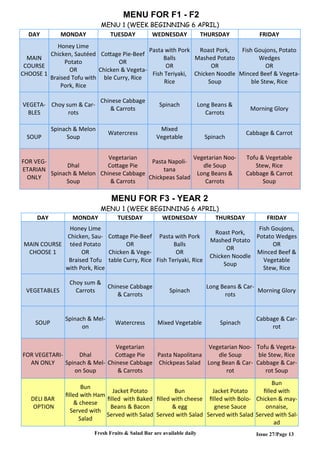 Issue 27/Page 13
MENU FOR F1 - F2
MENU 1 (WEEK BEGINNING 6 APRIL)
DAY MONDAY TUESDAY WEDNESDAY THURSDAY FRIDAY
MAIN
COURSE
CHOOSE 1
Honey Lime
Chicken, Sautéed
Potato
OR
Braised Tofu with
Pork, Rice
Cottage Pie-Beef
OR
Chicken & Vegeta-
ble Curry, Rice
Pasta with Pork
Balls
OR
Fish Teriyaki,
Rice
Roast Pork,
Mashed Potato
OR
Chicken Noodle
Soup
Fish Goujons, Potato
Wedges
OR
Minced Beef & Vegeta-
ble Stew, Rice
VEGETA-
BLES
Choy sum & Car-
rots
Chinese Cabbage
& Carrots
Spinach Long Beans &
Carrots
Morning Glory
SOUP
Spinach & Melon
Soup
Watercress
Mixed
Vegetable Spinach
Cabbage & Carrot
FOR VEG-
ETARIAN
ONLY
Dhal
Spinach & Melon
Soup
Vegetarian
Cottage Pie
Chinese Cabbage
& Carrots
Pasta Napoli-
tana
Chickpeas Salad
Vegetarian Noo-
dle Soup
Long Beans &
Carrots
Tofu & Vegetable
Stew, Rice
Cabbage & Carrot
Soup
MENU FOR F3 - YEAR 2
MENU 1 (WEEK BEGINNING 6 APRIL)
DAY MONDAY TUESDAY WEDNESDAY THURSDAY FRIDAY
MAIN COURSE
CHOOSE 1
Honey Lime
Chicken, Sau-
téed Potato
OR
Braised Tofu
with Pork, Rice
Cottage Pie-Beef
OR
Chicken & Vege-
table Curry, Rice
Pasta with Pork
Balls
OR
Fish Teriyaki, Rice
Roast Pork,
Mashed Potato
OR
Chicken Noodle
Soup
Fish Goujons,
Potato Wedges
OR
Minced Beef &
Vegetable
Stew, Rice
VEGETABLES
Choy sum &
Carrots
Chinese Cabbage
& Carrots
Spinach
Long Beans & Car-
rots
Morning Glory
SOUP
Spinach & Mel-
on
Watercress Mixed Vegetable Spinach
Cabbage & Car-
rot
FOR VEGETARI-
AN ONLY
Dhal
Spinach & Mel-
on Soup
Vegetarian
Cottage Pie
Chinese Cabbage
& Carrots
Pasta Napolitana
Chickpeas Salad
Vegetarian Noo-
dle Soup
Long Bean & Car-
rot
Tofu & Vegeta-
ble Stew, Rice
Cabbage & Car-
rot Soup
DELI BAR
OPTION
Bun
filled with Ham
& cheese
Served with
Salad
Jacket Potato
filled with Baked
Beans & Bacon
Served with Salad
Bun
filled with cheese
& egg
Served with Salad
Jacket Potato
filled with Bolo-
gnese Sauce
Served with Salad
Bun
filled with
Chicken & may-
onnaise,
Served with Sal-
ad
Fresh Fruits & Salad Bar are available daily
 