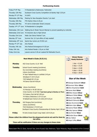 Forthcoming Events

Friday 6th-8th May               Y4 Residential to Robinwood, Todmorden
Thursday 12th May                Southport Cross Country Competition @ Stanley High 3.30 pm
         th
Monday 9 -13 May    th
                                 Y6 SATS
Wednesday 18th May               Meeting for New Reception Parents 7 pm start
Thursday 19th May                PTA Fashion Show 6.30 pm
Thursday 26th May                YR visit to Underwater Street Liverpool.
              th         th
Tuesday 14 -17 June Y6 Residential to Llangollen

Wednesday 15th June              Walking Bus & ‘Brake’ Record Attempt to prevent speeding by motorists
Wednesday 22nd June Y6 Induction day to High School
Thursday 23rd June               Wally Cain Dance Festival 7 pm.
               th
Saturday 25 June                 Summer Fair 12-3 pm-offers of help needed!
Wednesday 29th June              Sports Day Juniors am EY/KS1 pm
Monday 4th-15th July             Arts Festival
Thursday 14th July               Arts Festival Extravaganza 6-9.30 pm
Friday 15th July                 Arts Festival Parade 1.30 pm on field
Friday 22nd July                 Leavers service 9.30 am Leyland Rd Methodist Church.


                                                                                                          Dinner Money
                               Next Week’s Clubs (9/5/11)                                                Ready Reckoner


     Monday                   KS2 Cross Country 12.10 field                                               1 day = £1.60
                                                                                                          2 days = £3.20
     Tuesday                  School Council meeting (lunchtime)                                          3 days = £4.80
                              Eco Committee meeting (lunchtime)                                           4 days = £6.40
                              Library (lunchtime)                                                         5 Days = £8.00
                              N Team Netball Away to Larkfield 3.45 pm
                              Windband Y1 till 4.10 pm
                              Y4/5 Netball till 4.15 pm                                            Star of the Week
                              YR Dance Club till 4.00 pm
                                                                                               RT:George Dodsworth Silver
                                                                                               RT:Summer Mitton Silver
     Wednesday Library (lunchtime)                                                             1B:Amy Farquharson Gold
                              Y5 Filmclub in YR till 5.00 pm
                                                                                               !D:James Ward Silver
                              Cross Country 12.10 field *Just team going to Stanley on Thurs
                                                                                               2W:Elliot Howard Silver
                              Y6 Cookery Club hall till 5.00 pm
                                                                                               2M:Naomi McKee Silver
                              Y4 History Detectives 3.15-4.15 pm
                                                                                               3H:Azure Hope Silver
                              N Netball team Home to St Johns till 4.20 pm
                                                                                               3K:Niamh Edmunds Silver
     Thursday                 KS2 Singing Club (lunchtime)                                     3K:Sian Drummond Gold
                              Library (lunchtime)                                              4M:Fahim Alom Silver
                              Y5/6 Streetwise in Y6 till 5 pm
                                                                                               4J:Joanna Mayler Silver
                              Southport Cross Country Championships @ Stanley High 3.30 pm
                                                                                               5B:Libby Spencer Silver
     Friday                   Y5 Girls Cricket (Coach Craig Todd) 3.20-4.20 pm                 5B:Joe Rimmer Silver
                                                                            5M:Jordan Brown Silver
Please collect the children from the playground and do not wait for them by 6P:Joe Telford
                                   the office.
                                                                            6C:Hope Coffey Silver
     There will be notification if there are any changes to these clubs.



News team Mrs A. Gore, Hannah Tear, Jamie Russell, Katy Watkinson, Taylor McKenzie, Megan Powderly & Finn Cromack
 