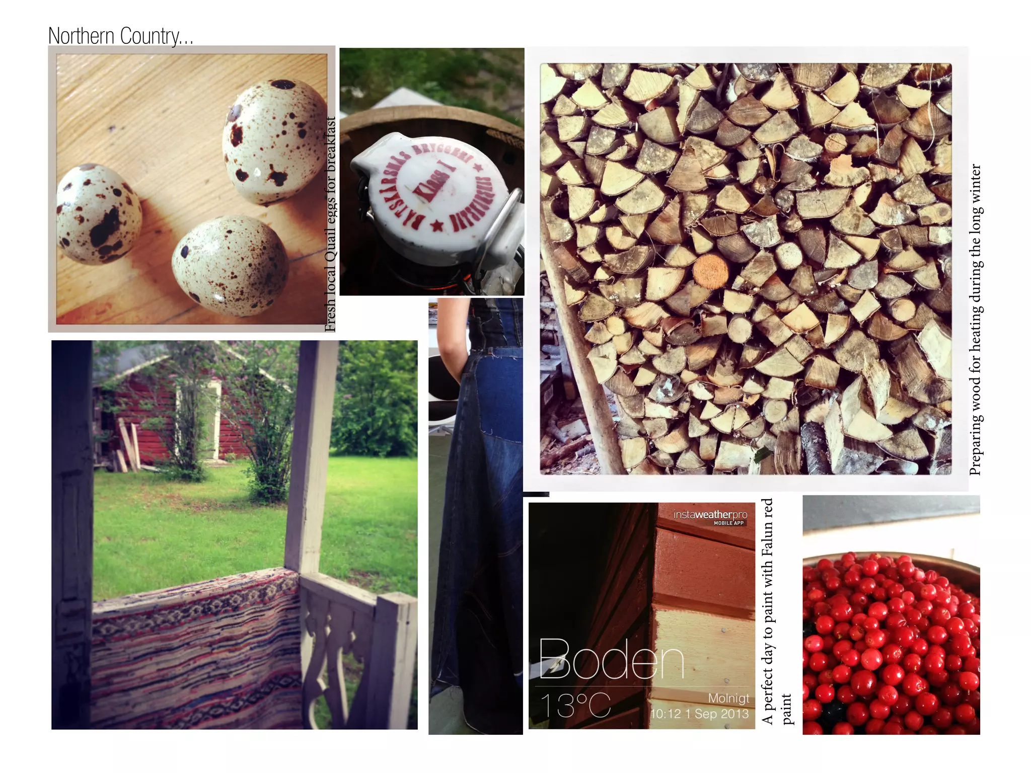 FreshlocalQuaileggsforbreakfast
Preparingwoodforheatingduringthelongwinter
AperfectdaytopaintwithFalunred
paint
Northern Country...
 