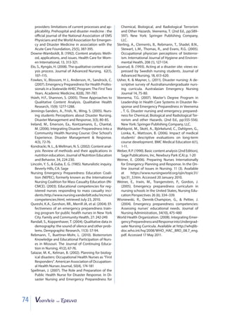 74
providers: limitations of current processes and ap-
plicability. Prehospital and disaster medicine : the
oﬃcial journal of the National Association of EMS
Physicians and the World Association for Emergen-
cy and Disaster Medicine in association with the
Acute Care Foundation, 25(5), 387-395.
Downe-Wamboldt, B. (1992). Content analysis: Meth-
od, applications, and issues. Health Care for Wom-
en International, 13, 313-321.
Elo, S., Kyngäs, H. (2008). The qualitative content anal-
ysis process. Journal of Advanced Nursing, 62(1),
107–115.
Fowkes, V., Blossom, H J., Anderson, H., Sandrock, C.
(2007). Emergency Preparedness for Health Profes-
sionals in a Statewide AHEC Program: The First Two
Years. Academic Medicine, 82(8), 781-787.
Hsieh, H.F., Shannon, S. (2005). Three Approaches to
Qualitative Content Analysis. Qualitative Health
Research, 15(9): 1277-1288.
Jennings-Sanders, A., Frish, N., Wing, S. (2005). Nurs-
ing students Perceptions about Disaster Nursing.
Disaster Management and Response, 3(3), 80-85.
Ireland, M., Emerson, Ea., Kontzamanis, E., Chantal,
M. (2006). Integrating Disaster Preparedness Into a
Community Health Nursing Course: One School’s
Experience. Disaster Management  Response.
4(3), 72-76.
Kondracki, N. L.,  Wellman, N. S. (2002). Content anal-
ysis: Review of methods and their applications in
nutrition education. Journal of Nutrition Education
and Behavior, 34, 224-230.
Lincoln, Y. S.,  Guba, E. G. (1985). Naturalistic inquiry.
Beverly Hills, CA: Sage
Nursing Emergency Preparedness Education Coali-
tion (NEPEC), formerly known as the International
Nursing Coalition for Mass Casualty Education (IN-
CMCE). (2003). Educational competencies for reg-
istered nurses responding to mass casualty inci-
dents.http://www.nursing.vanderbilt.edu/incmce/
competencies.html, retrieved July 23, 2010.
Qureshi, K.A., Gershon, RR., Merrill JA, et al. (2004). Ef-
fectiveness of an emergency preparedness train-
ing program for public health nurses in New York
City. Family and Community Health, 27: 242-249.
Randall, S., Koppenhaver, T. (2004). Qualitative data in
demography: the sound of silence and other prob-
lems. Dempgraphic Research, 11(3): 57-94.
Rebmann, T., Buettner-Mohr, L. (2010). Bioterrorism
Knowledge and Educational Participation of Nurs-
es in Missouri. The Journal of Continuing Educa-
tion in Nursing, 41(2), 67-76.
Salazar, M. K., Kelman, B. (2002). Planning for biolog-
ical disasters: Occupational Health Nurses as “First
Responders”. American Association of Occupation-
al Health Nurses Journal, 50(4), 174-181
Spellman, J. (2007). The Role and Preparation of the
Public Health Nurse for Disaster Response. In Di-
saster Nursing and Emergency Preparedness for
Chemical, Biological, and Radiological Terrorism
and Other Hazards. Veenema, T. (2nd Ed., pp:589-
597). New York: Springer Publishing Company,
LLC.
Sterling, A., Clements, B., Rebmann, T., Shadel, B.N.,
Stewart, L.M., Thomas, R., and Evans, R.G. (2005).
Occupational physician perceptions of bioterror-
ism. International Journal of Hygiene and Environ-
mental Health, 208 (1), 127-134.
Suserud, B. (1993). Acting at a disaster site: views ex-
pressed by Swedish nursing students. Journal of
Advanced Nursing, 18, 613-620.
Usher, K.  Mayner, L. (2011). Disaster nursing: A de-
scriptive survey of Australianundergraduate nurs-
ing curricula. Australasian Emergency Nursing
Journal 14, 75-80.
Veenema, T.G. (2007). Master’s Degree Program in
Leadership in Health Care Systems in Disaster Re-
sponse and Emergency Preparedness in Veenema
, T. G. Disaster nursing and emergency prepared-
ness for Chemical, Biological and Radiological Ter-
rorism and other Hazards. (2nd Ed., pp:555-556).
New York: Springer Publishing Company, LLC.
Wahlqvist, M., Skott, A., Björkelund, C., Dahlgren, G.,
Lonka, K., Mattsson, B. (2006). Impact of medical
students’ descriptive evaluations on long-term
course development. BMC Medical Education 6(1),
1-11.
Weber, R.P. (1990). Basic content analysis (2nd Edition),
Sage Publications, Inc, Newbury Park (CA) p. 1-20
Weiner, E. (2006). Preparing Nurses Internationally
for Emergency Planning and Response. In the On-
line Journal of Issues in Nursing. 11 (3). Available
at https://www.nursingworld.org/ojin/topic31/
tpc31_3.htm. Accessed 20 January 2010.
Weiner, E., Irwin, M., Trangenstein, P., Gordon, J.
(2005). Emergency preparedness curriculum in
nursing schools in the United States, Nursing Edu-
cation Perspectives 26 (6), 334–339.
Wisniewski, R., Dennik-Champion, G.,  Peltier, J.
(2004). Emergency preparedness competencies:
Assessing nurses’ educational needs. Journal of
Nursing Administration, 34(10), 475-480
World Health Organization. (2008). Integrating Emer-
gencyPreparednessandResponseintoUndergrad-
uate Nursing Curricula. Available at http://whqlib-
doc.who.int/hq/2008/WHO_HAC_BRO_08.7_eng.
pdf. Accessed 17 May 2011.
 
