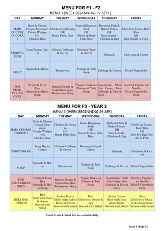 Issue 5 /Page 16
MENU FOR F1 - F2
MENU 3 (WEEK BEGINNING 29 SEPT)
DAY MONDAY TUESDAY WEDNESDAY THURSDAY FRIDAY
MAIN
COURSE
CHOOSE
1
Ham & Cheese
Croque Monsieur,
Potato Wedges
OR
Chicken Rice
Chicken Carbonara
OR
Roast Pork, Rice
Pasta Bolognese-
Pork
OR
Sweet & Sour
Fish, Rice
Battered Fish &
Baked Potato
OR
Nasi Lemak -
Chicken & Egg
Chili Con Carne-Beef,
Rice
OR
Egg Noodle w Pork
VEGETA-
BLES
Long Beans, Car-
rot
Chinese Cabbage
& Carrot
Morning Glory
& Carrot
Spinach Choy sum & Carrot
SOUP
Spinach & Melon
Watercress
Tomato & Tofu
Soup
Cabbage & Carrot Mixed Vegetables
FOR
VEGE-
TARIAN
ONLY
Oriental Fried
Rice
Spinach & Melon
Soup
Braised Beans &
Vegetables, Rice
Watercress Soup
Veggie Pasta (e)
Tomato & Tofu
Soup
Vegetarian Chili
Con Carne, Rice
Cabbage & Carrot
Soup
Sautéed Vegetarian
Noodle
Mixed Vegetables
Soup
MENU FOR F3 - YEAR 2
MENU 3 (WEEK BEGINNING 29 SEP)
DAY MONDAY TUESDAY WEDNESDAY THURSDAY FRIDAY
MAIN COURSE
CHOOSE 1
Ham & Cheese
Croque Mon-
sieur,
Potato Wedges
OR
Chicken Rice
Chicken Carbona-
ra
OR
Roast Pork, Rice
Pasta Bolognese-
Pork
OR
Sweet & Sour Fish,
Rice
Battered Fish &
Baked Potato
OR
Nasi Lemak -
Chicken & Egg
Chili Con Carne-
Beef, Rice
OR
Stir Fry Egg Noo-
dle w Pork
VEGETABLES
Long Beans,
Carrot
Chinese Cabbage
& Carrot
Morning Glory &
Carrot
Spinach Choysum & Car-
rot
SOUP
Spinach & Mel-
on Watercress
Tomato & Tofu
Soup
Cabbage & Carrot Mixed Vegetables
FOR
VEGETARIAN
ONLY
Oriental Fried
Rice
Spinach & Mel-
on Soup
Braised Beans &
Vegetables, Rice
Watercress Soup
Veggie Pasta (e)
Tomato & Tofu
Soup
Vegetarian Chili
Con Carne, Rice
Cabbage & Carrot
Soup
Stir Fry Vegetari-
an Noodle
Mixed Vegetables
Soup
DELI BAR
OPTION
Bun
filled with Ham
& cheese
Served with
Salad
Jacket Potato
filled with Baked
Beans & Bacon
Served with Salad
Bun
filled with cheese &
egg
Served with Salad
Jacket Potato
filled with Bolo-
gnese Sauce
Served with Salad
Bun
filled with Chick-
en & mayonnaise,
Served with Salad
Fresh Fruits & Salad Bar are available daily
 