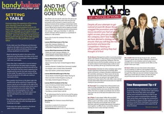 handyhelper
     helper                                                                                                                                      AND THE
                                                                                                                                                 AWARD
     SETTING                                                                                                                                     GOES TO...
     A TABLE                                                                                                                                     Abu Dhabi is the hot spot for sport fans this year as yet     GET NOTICED AT WORK!
                                                                                                                                                 another sporting event hits town! Only this time, the
                                                                                                                                                 participants will be dressed to impress and the only
     Everyone enjoys the experience of ﬁne dining                                                                                                workout involved will be avoiding a mental block while
     when they don’t have to set the table                                                                                                       delivering an acceptance speech. Lo behold! The annual
                                                                                                                                                                                                              Despite all your attempts to get
     themselves.While some pretend to know the                                                                                                   Laureus World Sports Awards will be staged at Emirates       noticed at work Mr. Brown Noser
     basics, others simply chicken-out when assigned                                                                                             Palace on March 10. Celebrating sporting achievements        snagged the promotion and that
     such a task. Although it is not rocket science,                                                                                             from January 1 right up to December 31, 2009, this
     setting up a informal dining table is a science of                                                                                          awards ceremony will be broadcast to a worldwide TV          luxury vacation you had set your
     precision - place the water glass too far and your                                                                                          audience in 180 countries.                                   sights on ever since you joined
     ﬁnicky guests will sign you up for table etiquette                                                                                          Here’s a list of some the nominees from a few                the company. Don’t lose hope;
     lessons! Here are a few guidelines you can                                                                                                  categories:                                                  we have devised a strategy which
     follow:
                                                                                                                                                 Laureus World Sportsman of the Year                          ensures that you will bag the next
     • Firstly, make sure that all ﬂatware and silverware
                                                                                                                                                 • Usain Bolt (Jamaica) Athletics, 23                         promotion and leave the
                                                                                                                                                 • Roger Federer (Switzerland) Tennis, 28
       placed on the table is an inch away from its edge.                                                                                        • Lionel Messi (Argentina) Football, 22                      competition chewing on
       Make sure all cutlery and dining utensils are at
                                                                                                                                                 Laureus World Sportswoman of the Year
                                                                                                                                                                                                              ofﬁce supplies wishing they had
       settings equidistant to one another.
                                                                                                                                                 • Shelly-Ann Fraser (Jamaica) Athletics, 23
                                                                                                                                                                                                              thought of it ﬁrst!
     • Begin by placing the plate in the centre of the                                                                                           • Sanya Richards (United States) Athletics, 24
       placement mat. Remember that often as the meal                                                                                            • Serena Williams (United States) Tennis, 28
                                                                                                                                                                                                              Be the Beacon: Management prefers to promote problem          Be a Leader: Become the ‘go-to’ guy (or gal... we don’t
       is laid out, the ﬁrst course plate is simply replaced                                                                                     Laureus World Team of the Year                               solvers over whiners so when things go wrong, don’t look      believe in gender bias) for ofﬁce colleagues. Support the
       with main course plate.                                                                                                                   • Barcelona FC (Spain) Football                              for people to blame instead help colleagues solve the         management in new initiatives and try to play a more
                                                                                                                                                                                                              mess and move on. Be the shoulder everyone can count          proactive role in everyday situations at the ofﬁce so that
                                                                                                                                                 • Brawn Formula One Team (United Kingdom) Motor
     • Since silver that is needed ﬁrst is set the farthest                                                                                                                                                   on and for what it’s worth: always keep a smile on your
                                                                                                                                                   Racing                                                                                                                   people notice your input.
       (right and left) from the plate, begin arranging                                                                                                                                                       face. Your positivity will not go unnoticed (wink, wink).
                                                               .Keep this information handy for your own good. Cut out and save it in a folder




                                                                                                                                                 • Germany Women’s Football Team (Germany) Football
       the utensils by placing two forks to the left of the                                                                                                                                                                                                                 Be Smart: Make sure your boss knows what projects
                                                                                                                                                 • Los Angeles Lakers (United States) Basketball              Be Innovative: Volunteer for other workplace tasks which
       plate. The fork for the ﬁrst course is placed on the                                                                                                                                                                                                                 you are working on. Seek his or her guidance and input
                                                                                                                                                 • New York Yankees (United States) Baseball                  involve organizing and planning, for example: ofﬁce
       outside and the one for the main course will be                                                                                                                                                                                                                      on forthcoming initiatives and ideas. Don’t pester them
                                                                                                                                                                                                              parties and picnics, company newsletter publishing, and       though! Also, make sure you are involved in projects that
       on the inside. The upper limit on number of forks                                                                                         Laureus World Breakthrough of the Year                       HR committee meetings etc. These moves will set you
       that can be placed on the table per seating is                                                                                                                                                                                                                       allow you to work with your seniors. So that next time
                                                                                                                                                 • Jenson Button (United Kingdom) Motor Racing, 30            apart from the rest of the masses and show top levels         around they know whom to select from the ranks.
       restricted to three.                                                                                                                                                                                   executives that you can pull your own weight. Not to
                                                                                                                                                 • Mark Cavendish (United Kingdom) Cycling, 24
                                                                                                                                                                                                              mention, you’ll have loads of fun with ofﬁce mates and get
     • Next, position two knives to the plate’s right (the                                                                                       • Tom Daley (United Kingdom) Diving, 15
                                                                                                                                                                                                              to know them better. Next time around, they too might be
       outside knife will be used ﬁrst). If required soup                                                                                        Laureus World Comeback of the Year                           rooting for your promotion!
       spoons may be set on the table to the right of the
       knives. Remember to provide butter knives only if
                                                                                                                                                 • Lance Armstrong (United States) Cycling, 38
                                                                                                                                                                                                              Be Thorough: Try to imitate those whose position you             Time Management Tip # 6*
                                                                                                                                                 • Kim Clijsters (Belgium) Tennis, 26                         wish to occupy someday. This in no way means losing
       butter or bread are set on the table. Place the                                                                                                                                                                                                                          Be shrewd when managing time. If you want to
                                                                                                                                                 • Jessica Ennis (United Kingdom) Athletics, 23               your individual identity and sense of self just to please
       butter dish or the bread plate in the 11:00                                                                                                                                                            others. The trick is to single out attributes that set them       avoid long meetings schedule them right before
                                                                                                                                                 • Tom Watson (United States) Golf, 60
       position from the plate. The dessert spoon and                                                                                                                                                         apart from the rest of the pack and adopt these in your           lunch or the end of day when most people
       fork are laid head to toe near main plate’s                                                                                               “I am really pleased that for the ﬁrst time we’ll be going   work life.                                                        will be more inclined to brevity in order to get
       top side.                                                                                                                                 to Abu Dhabi which is one of the most exciting cities in                                                                       away. If you want to avoid pointless meetings,
                                                                                                                                                 the world.”                                                  Be a Player: A team player! (What did you think?)
                                                                                                                                                                                                                                                                                then cancel them, and change the communica-
     • The water glass should be put at 2:00 position                                                                                                                                                         Participate in team projects so you can highlight your
                                                                                                                                                 Boris Becker, Vice Chairman Laureus World Sports             ability to ‘gel-in’ with fellow workers. Management is
                                                                                                                                                                                                                                                                                tion direction in favour of other options such as
       to the dinner plate. Any other beverage glasses
                                                                                                                                                 Academy                                                      always on the look-out for people who can take                    memos or email. Most meetings, if not properly
       should go to its right.
                                                                                                                                                                                                              directions well and synergize large groups of people to           managed, are unnecessary time wasters for all
                                                                                                                                                 To download a complete list of nominees and
     • Finally place the napkin centred on the dinner                                                                                                                                                         work together on difﬁcult tasks successfully without              those involved.
                                                                                                                                                 categories for the Laureus awards log on to                                                                                                                    *Part 6 of a 12 issue series
                                                                                                                                                                                                              causing too much ruckus amongst members.
       plate or fold it to the left of the forks.                                                                                                www.abudhabitempo.com and click on Tempo Downloads.

14                                                                                                                                                                                                                                                                                                                                             15
                                                                                                                                                                                         Tempo March 2010      www.abudhabitempo.com
 