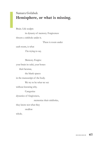 67●●●●●●●
Samara Golabuk
Hemisphere, or what is missing.
Brain. Life sculpts
	 its dynasty of memory. Forgiveness
thrusts a sinkhole under it.
			 There is room under
each room, is what
I’m trying to say.
	 Memory. Forgive
your brain its sulci, your bones
their lacunae,
	 the blank spaces
in the manuscript of the body.
	 We try to be what we see
without knowing why.
	 Categorize
dynasties of forgiveness,
		 memorize their sinkholes,
they know not what they
	 swallow
whole.
 