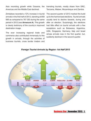 Asia recording growth while Oceania, the
Americas and the Middle East declined.
Zimbabwe recorded a 12% increase in tourist
arrivals in the first half of 2013, standing at 859
995 as compared to 767 393 during the same
period in 2012 (see Annexure A). This growth
is clearly testimony of the country’s improved
destination image.

transiting tourists, mostly drawn from DRC,
Tanzania, Malawi, Mozambique and Zambia.

The second quarter of 2013 marked the build
up to the harmonized elections. Tourist arrivals
usually tend to decline towards, during and
after an election. Surprisingly, the elections
had little effect on tourist arrivals with a few
exceptions such as Botswana, Argentina,
USA, Singapore, Germany, Italy and Israel
The ever increasing regional trade and
whose arrivals rose in the first quarter, but,
commerce also contributed immensely to this
suddenly declined in the second quarter.
growth in arrivals, through the activities of
business tourists, cross border traders and

 