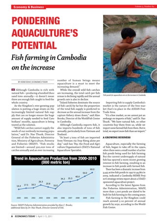 By Hoem Seiha | Economics Today
Although Cambodia is rich with
natural fish—producing a hundred thou-
sand tons annually—it doesn’t mean
there are enough fish caught to feed the
whole country.
As the Kingdom’s ever-growing pop-
ulation is putting a huge strain on the
increasingly limited natural fish sup-
ply that can no longer ensure the huge
amount of supply needed to feed Cam-
bodians’ mouths, aquaculture is being
touted as the solution.
“Wild fish catches cannot supply the
needs of our restlessly increasing popu-
lation,” said Dr. Nao Thuok, Director
General of the Fisheries Administra-
tion, Ministry of Agriculture, Forestry
and Fisheries (MAFF). “Fish stocks
are limited—around 500,000 tons of
catches annually and an ever-increasing
number of human beings means
aquaculture is a must to meet the
increasing demand.”
While the overall wild fish catches
are increasing, the total catch per fish-
erman is declining rapidly and the annual
growth rate is also in decline.
“Inland fisheries dominate the source
(of fish catch) by far but the proportion
of the total fish supply is predicted to
decrease as the annual increase from the
capture fishery slows down,” said Alan
Brooks, Director of the WorldFish Center
in Cambodia.
Although Cambodia exports fish, it
also imports hundreds of tons of fish
annually, particularly from Vietnam and
Thailand.
“At least 5 tons of fish are imported
from Vietnam via Svay Rieng alone per
day,” said San Thy, the Food and Agri-
culture Organization’s (FAO)’s National
Aquaculture Specialist.
Importing fish to supply Cambodia’s
market is the nature of the free mar-
ket that’s in place in the ASEAN Free
Trade Area.
“It’s a free market, so we cannot put an
embargo on imports of fish,” said Dr. Nao
Thuok. “We have natural fish, so other
countries buy them from us, while we
importsomefarmedfishfromthem.Butin
total,weexportmorefishthanweimport.”
A growing business
Aquaculture, especially the farming
of fish, began to take off in the 1990s,
when there were a small number of active
fish ponds being used for fish farming.
But the current undersupply of natural
fish has spurred a more recent growing
interest in fish farming, resulting in an
increase in fish ponds with farmed fish.
Therehasbeenadramaticincreasefrom
3,445activefishpondsin1997to49,862in
2009, indicated a Cambodia MSME Proj-
ect’sstrategyreviewreportaboutaUSAID-
sponsored aquaculture project.
According to the latest figures from
the Fisheries Administration, MAFF,
more than 1,000 ponds are slated to be
built for fish farming in the coming years.
Fish farming in the Kingdom could
reach around 5-10 percent of annual
growth by 2030, according to the World-
Fish Center.
Pondering
Aquaculture’s
Potential
FishfarminginCambodia
ontheincrease
Trend in Aquaculture Production from 2000-2010
(000 metric ton)
Source: MAFF Fisheries Administration provided by Alan C. Brooks;
additional data by Dr. Nao Thuok, Director General of FiA.
14.4 17.5 18.3
26.3
20.8
16.0
34.2 35.3
40.0
50.0
60.0
2000 2001 2002 2003 2004 2005 2006 2007 2008 2009 2010
FishpondsforaquacultureareontheincreaseinCambodia
8  ECONOMICS TODAY    April 1-15, 2011
Economy & Business Volume 5, Number 84
 