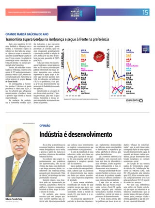 15
CadernoEspecialdoJornaldoComércio MARCASDEQUEMDECIDE2022
OPINIÃO
Indústria é desenvolvimento
Gilberto Porcello Petry
Presidente da Fiergs
DUDU LEAL/DIVULGAÇÃO/JC
Ao se olhar as estatísticas da
economia brasileira, sistematica-
mente divulgadas na nossa mídia,
é preciso ir além dos números e
perceber a dimensão da realidade
industrial do País.
Os produtos não surgem es-
pontaneamente nas prateleiras
dos supermercados, sites ou nas
vitrines das lojas, pois obedecem
a um longo processo, desde o re-
cebimento das matérias-primas,
passando pelo denominado “chão
de fábrica”, até a entrega dos lotes
já embalados no varejo.
Somente depois, essa traje-
tória pode ser representada por
números, assumindo a forma de
gráicos e demais comparativos,
incluindo a última etapa do ciclo:
o volume de vendas.
Há, portanto, uma imensa
estrutura que nem sempre apa-
rece. Convém salientar que, an-
tes de tudo, há um empreendedor
que colocou seus investimentos
no negócio e assumiu riscos que
comprometem o seu patrimônio.
O valor da indústria e de seus
industriais, então, seria como um
iceberg, pois o que se vê não pas-
sa de uma pequena parte de um
gigantesco e complexo aparato
que ica submerso.
Já os analistas mais atentos,
e com estudos de maior profundi-
dade, saberão que os processos
de desenvolvimento das nações
são feitos por setores econômi-
cos e seus respectivos segmentos
de atividade.
E, nesse exame detalhado,
encontrarão um núcleo do qual
emana a energia para que o con-
junto avance em benefício das
sociedades. Desde a metade do
século XX, esse núcleo é o se-
tor industrial.
Os avanços da agricultura de
precisão se devem às máquinas e
aos implementos desenvolvidos
nas fábricas, assim como também
os fertilizantes e engenharia ge-
nética são fruto de intensas pes-
quisas das indústrias.
Já o comércio eletrônico foi
viabilizado e vem crescendo com
base nos itens de informática e
seus softwares, criados e aprimo-
rados continuamente, e, hoje, in-
dispensáveis no e-commerce.
Alcançar a mobilidade do con-
sumidor também se tornou possí-
vel através de produtos inovado-
res como os telefones celulares e
suas inúmeras funcionalidades.
E vale citar as vacinas, a
exemplo das que foram pesqui-
sadas contra a Covid-19, rapida-
mente lançadas pela indústria
farmacêutica mundial. Portanto,
a indústria é central em todos os
processos de desenvolvimento.
O Brasil, assim, precisa ado-
tar políticas que levem a um ver-
dadeiro “choque de industriali-
zação”, pois, a partir desse setor,
conseguirá dispor de uma arquite-
tura de desenvolvimento capaz de
expandir as demais cadeias pro-
dutivas, já que desempenha uma
função estratégica no contexto
econômico e social.
Em função de sua extensa
cadeia de fornecedores, segun-
do cálculos da Confederação Na-
cional da Indústria (CNI), cada
R$ 1,00 produzido pela indústria
gera R$ 2,40 na economia nacio-
nal, comparativamente a R$ 1,66
pela agricultura e R$ 1,49 a partir
do comércio e serviços.
Por tudo isso, defendemos
uma política de Estado, estrutu-
ral, que apoie os industriais e as
indústrias estabelecidas e que, ao
mesmo tempo, olhe para o futuro.
Vamos, então, enxergar a todo o
iceberg, passando a agir de acor-
do com a sua real dimensão.
Após uma sequência de três
anos dividindo a liderança com a
Gerdau, a Tramontina supera os
índices nos dois lados da pesqui-
sa e passa a ocupar o primeiro lu-
gar como Grande Marca Gaúcha do
Ano. O novo cenário é resultado da
combinação entre a oscilação so-
frida pela Gerdau e o avanço apre-
sentado pela Tramontina.
Gerdau, até então líder na ava-
liação da lembrança, registrou uma
queda de 2,7 pontos percentuais e
passou a marcar 15,6%, mesmo es-
core alcançado pela Tramontina na
edição anterior do projeto Marcas
de Quem Decide.
Em contrapartida, a Tramon-
tina ganhou 6 décimos de ponto
percentual e subiu para 16,2%, o
que foi suiciente para ultrapassar
numericamente a Gerdau e tomar
o primeiro lugar dentre as marcas
mais lembradas.
Na avaliação da preferên-
cia, a Tramontina recebeu 18,5%
das indicações, o que representa
um crescimento de quase 1 ponto
percentual. Já a Gerdau, após três
anos recuperando gradativamente
a pontuação perdida na edição de
2019, voltou a ter sua linha de evo-
lução curvada, passando de 16,0%
para 14,6%.
Fruki, que estava em oitavo lu-
gar na lembrança e sequer aparecia
entre as 10 marcas preferidas pelo
público entrevistado na edição an-
terior, apresentou uma evolução
exponencial e agora ocupa o ter-
ceiro lugar nos dois quesitos. Com
9,3% de indicações na lembrança
e 6,6% na preferência, Fruki pas-
sa a ter seu desenvolvimento nas
pesquisas da Qualidata estampado
nos gráicos.
Considerando-se a margem de
erro desse estudo, que é de 5,7 pon-
tos percentuais, para mais ou para
menos, Tramontina e Gerdau se-
guem empatadas tecnicamente em
ambos os quesitos.
GRANDE MARCA GAÚCHA DO ANO
Tramontina supera Gerdau na lembrança e segue à frente na preferência
Resultados em % - Gráficos com escala móvel. Evolução relativa às primeiras posições.
2018 2019 2020 2021 2022 2018 2019 2020 2021 2022
 