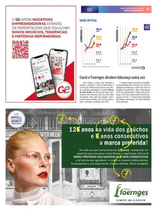 85
CadernoEspecialdoJornaldoComércio
MARCASDEQUEMDECIDE2021
Resultados em % - Gráficos com escala móvel. Evolução relativa às primeiras posições.
2018 2019 2020 2021 2022 2018 2019 2020 2021 2022
Nem sempre a marca mais lembrada é
também a preferida. O setor de Rede Óptica é
um dos que conirma isso de forma clara des-
de a primeira participação no projeto Marcas
de Quem Decide, em 2016, já que nunca expe-
rimentou uma liderança única nos dois lados
da pesquisa. Pelo quarto ano seguido, Carol é
a marca mais lembrada, com 19,2% das indica-
ções, e Foernges, a preferida, com 16,6%.
O segundo lugar na pesquisa da Qualida-
ta segue dividido entre Foernges, com 15,2% na
avaliação da lembrança, e Carol, com 15,9% na
avaliação da preferência. Diniz, lembrada por
13,9% dos entrevistados e citada como preferi-
da por 11,3% deles, ocupa sozinha a terceira co-
locação. Ao todo, 17 marcas foram lembradas
pelo público entrevistado e 20 foram indicadas
como preferidas.
REDE ÓPTICA
Carol e Foernges dividem liderança outra vez
 