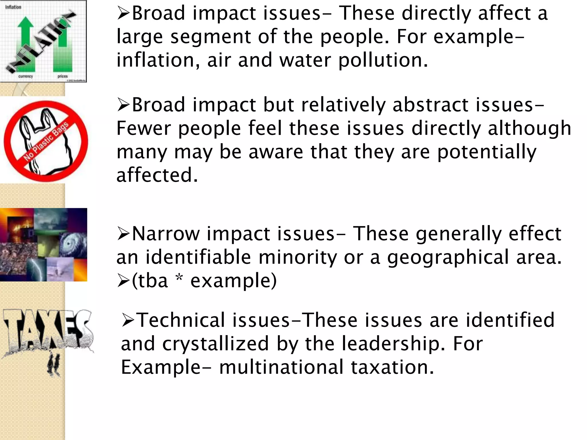 Broad impact but relatively abstract issues-
Fewer people feel these issues directly although
many may be aware that they are potentially
affected.
Narrow impact issues- These generally effect
an identifiable minority or a geographical area.
(tba * example)
Technical issues-These issues are identified
and crystallized by the leadership. For
Example- multinational taxation.
Broad impact issues- These directly affect a
large segment of the people. For example-
inflation, air and water pollution.
 