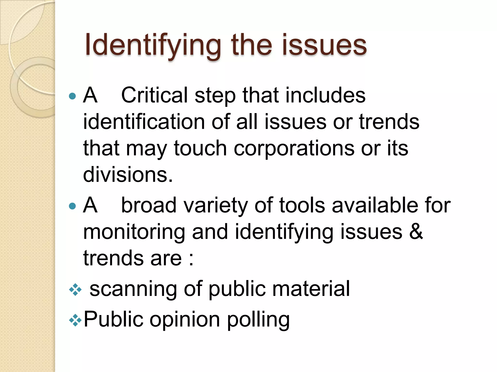 Identifying the issues
 A Critical step that includes
identification of all issues or trends
that may touch corporations or its
divisions.
 A broad variety of tools available for
monitoring and identifying issues &
trends are :
 scanning of public material
Public opinion polling
 