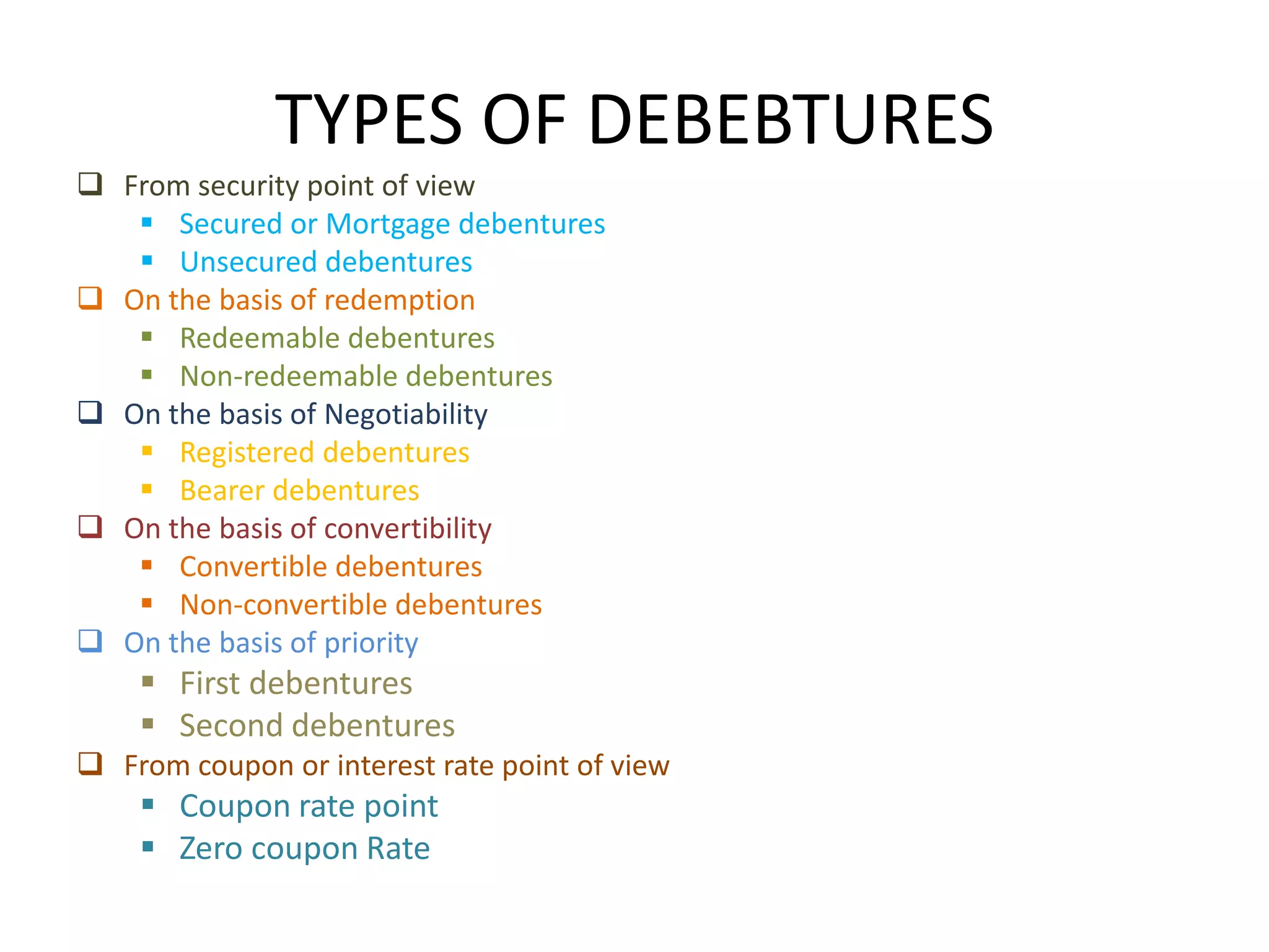 TYPES OF DEBEBTURES
 From security point of view
    Secured or Mortgage debentures
    Unsecured debentures
 On the basis of redemption
    Redeemable debentures
    Non-redeemable debentures
 On the basis of Negotiability
    Registered debentures
    Bearer debentures
 On the basis of convertibility
    Convertible debentures
    Non-convertible debentures
 On the basis of priority
     First debentures
     Second debentures
 From coupon or interest rate point of view
     Coupon rate point
     Zero coupon Rate
 