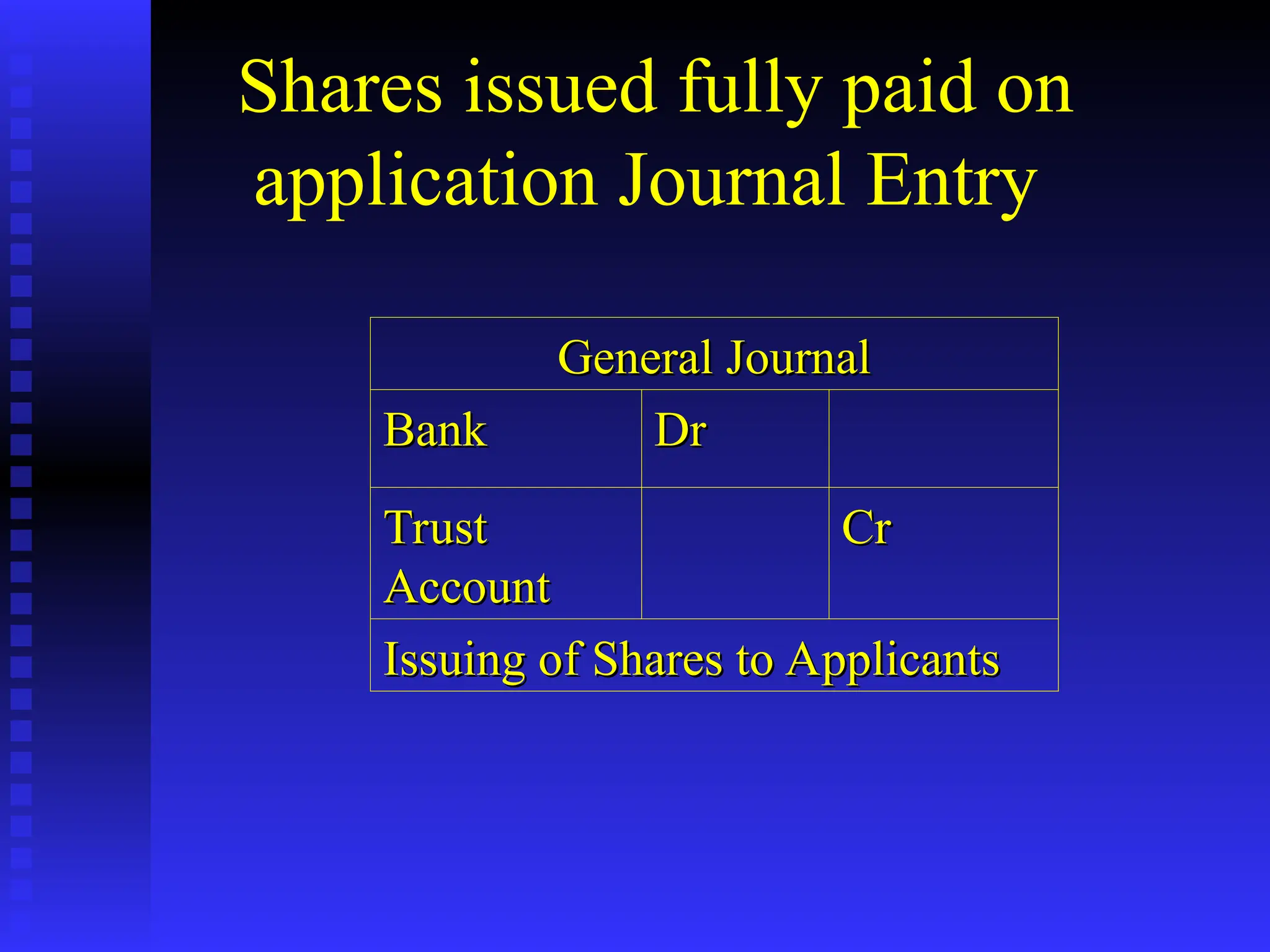 Shares issued fully paid on
application Journal Entry
General Journal
General Journal
Bank
Bank Dr
Dr
Trust
Trust
Account
Account
Cr
Cr
Issuing of Shares to Applicants
Issuing of Shares to Applicants
 