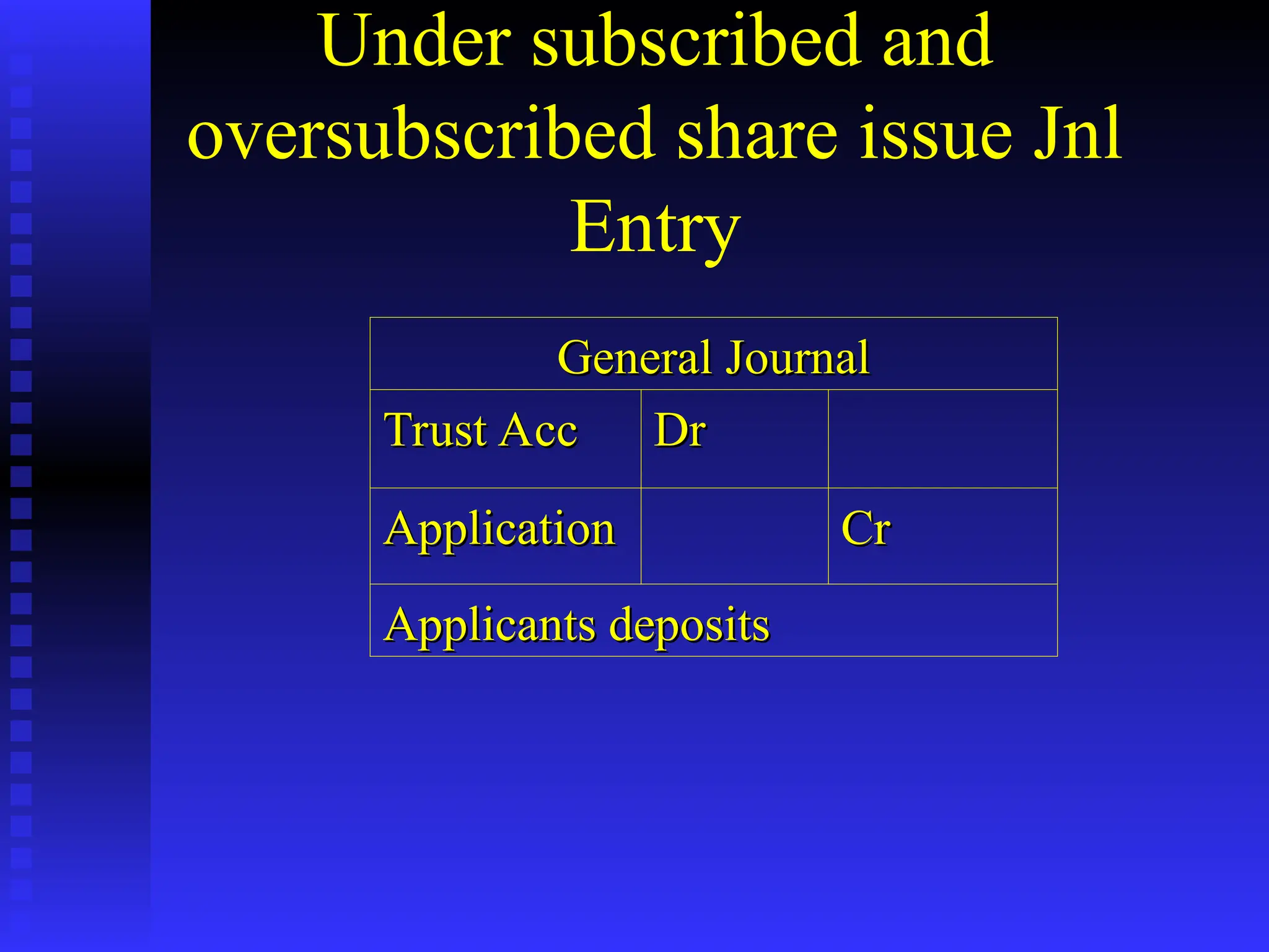 Under subscribed and
oversubscribed share issue Jnl
Entry
General Journal
General Journal
Trust Acc
Trust Acc Dr
Dr
Application
Application Cr
Cr
Applicants deposits
Applicants deposits
 
