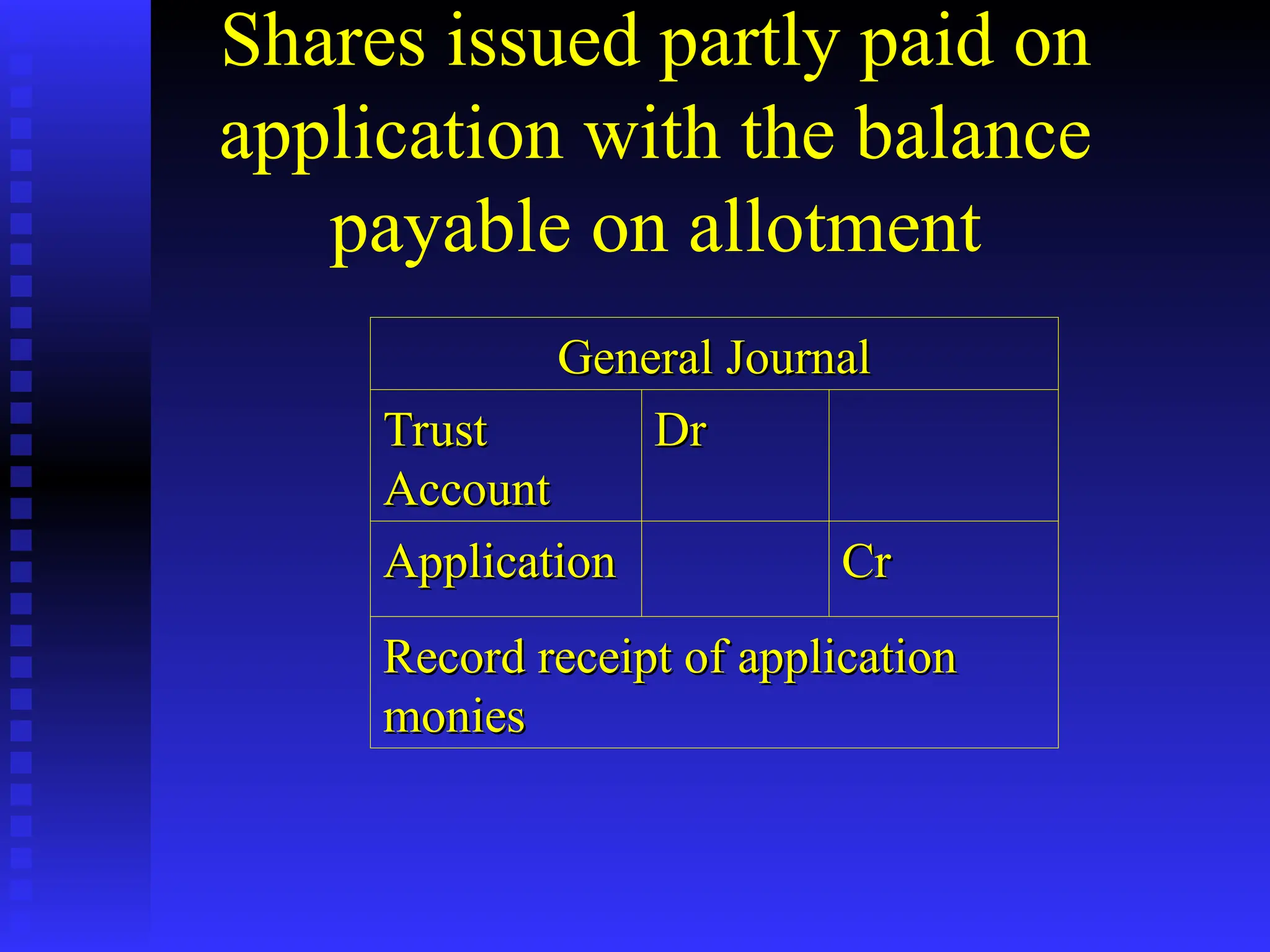 Shares issued partly paid on
application with the balance
payable on allotment
General Journal
General Journal
Trust
Trust
Account
Account
Dr
Dr
Application
Application Cr
Cr
Record receipt of application
Record receipt of application
monies
monies
 
