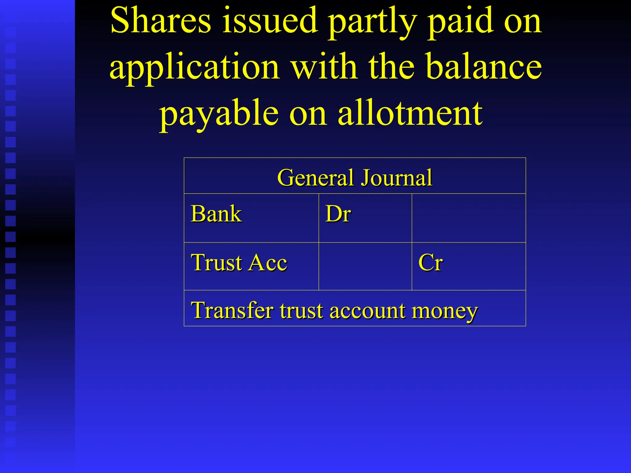 Shares issued partly paid on
application with the balance
payable on allotment
General Journal
General Journal
Bank
Bank Dr
Dr
Trust Acc
Trust Acc Cr
Cr
Transfer trust account money
Transfer trust account money
 