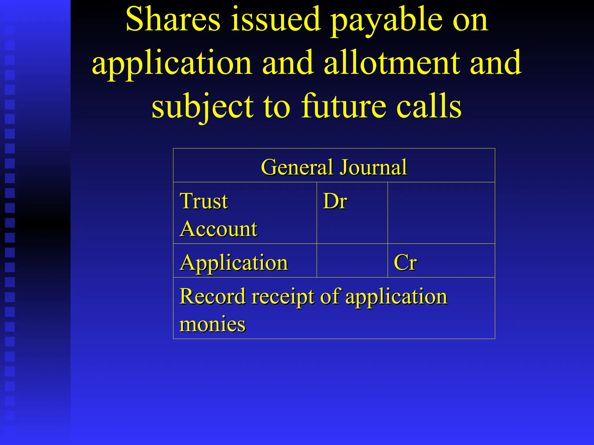 Shares issued payable on
application and allotment and
subject to future calls
General Journal
General Journal
Trust
Trust
Account
Account
Dr
Dr
Application
Application Cr
Cr
Record receipt of application
Record receipt of application
monies
monies
 