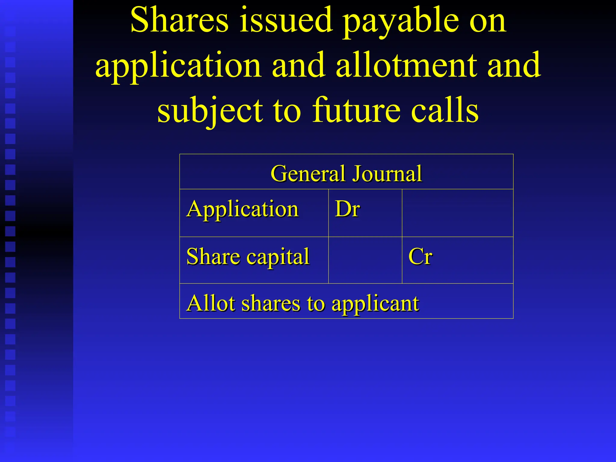 Shares issued payable on
application and allotment and
subject to future calls
General Journal
General Journal
Application
Application Dr
Dr
Share capital
Share capital Cr
Cr
Allot shares to applicant
Allot shares to applicant
 