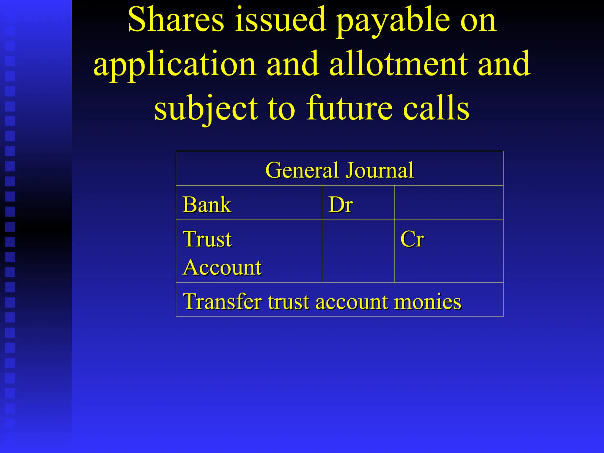 Shares issued payable on
application and allotment and
subject to future calls
General Journal
General Journal
Bank
Bank Dr
Dr
Trust
Trust
Account
Account
Cr
Cr
Transfer trust account monies
Transfer trust account monies
 