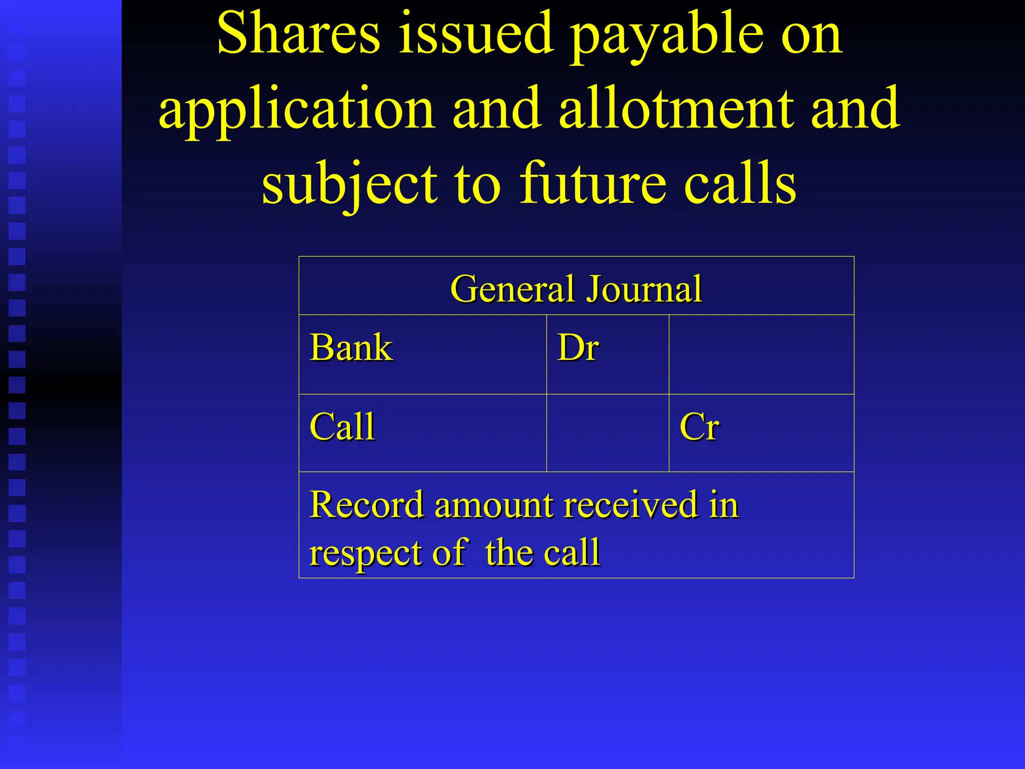Shares issued payable on
application and allotment and
subject to future calls
General Journal
General Journal
Bank
Bank Dr
Dr
Call
Call Cr
Cr
Record amount received in
Record amount received in
respect of the call
respect of the call
 