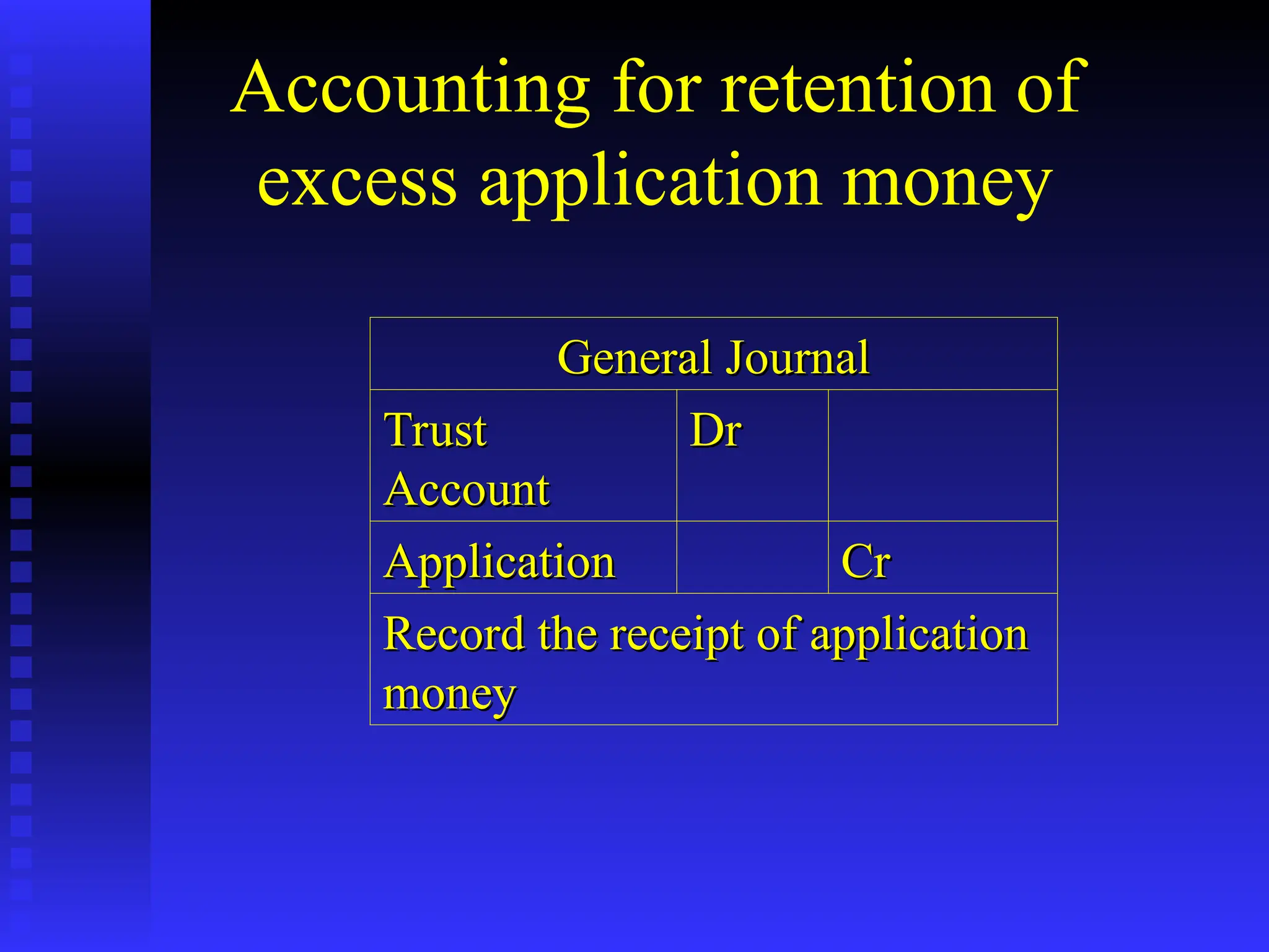Accounting for retention of
excess application money
General Journal
General Journal
Trust
Trust
Account
Account
Dr
Dr
Application
Application Cr
Cr
Record the receipt of application
Record the receipt of application
money
money
 