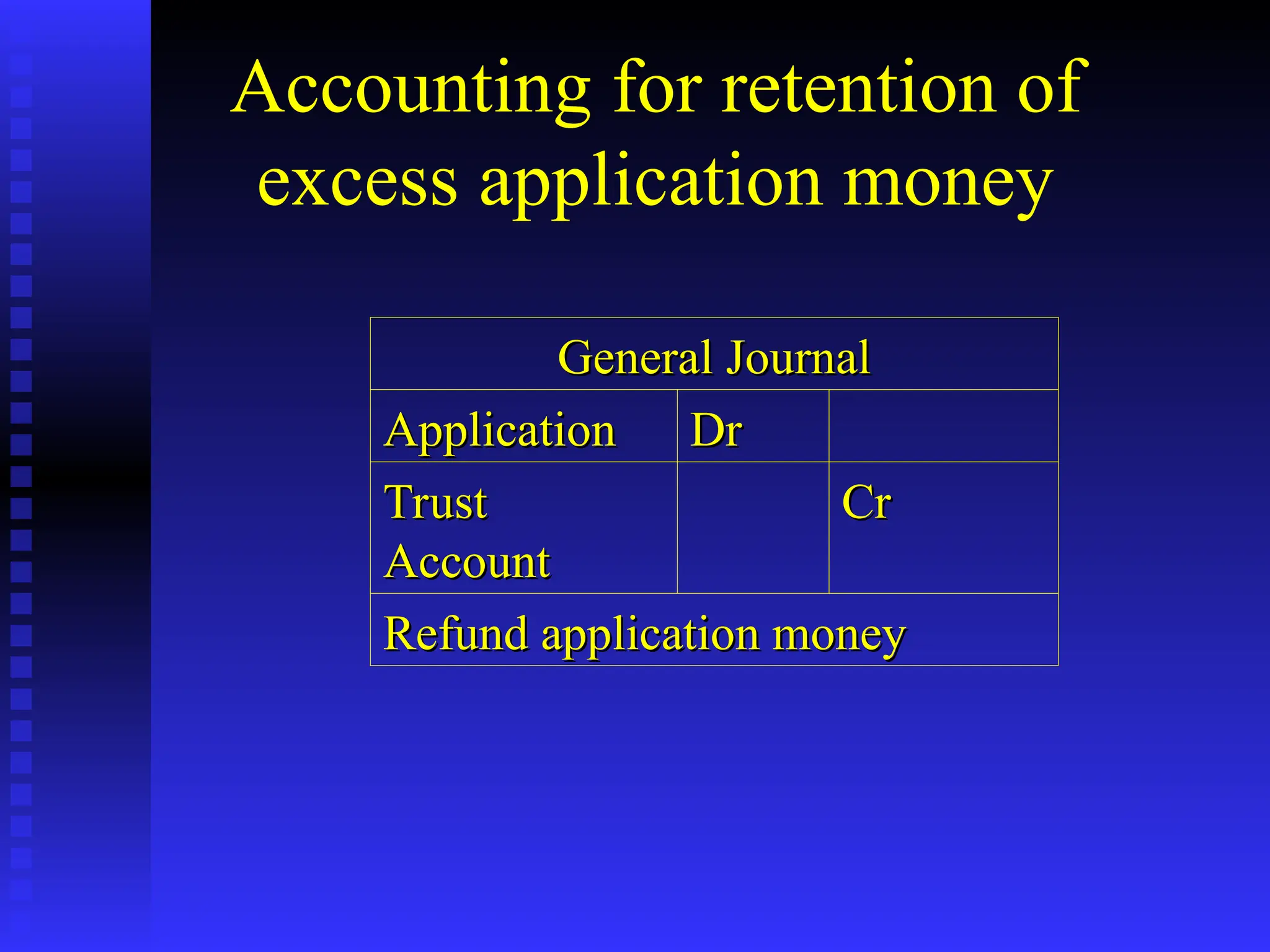 Accounting for retention of
excess application money
General Journal
General Journal
Application
Application Dr
Dr
Trust
Trust
Account
Account
Cr
Cr
Refund application money
Refund application money
 