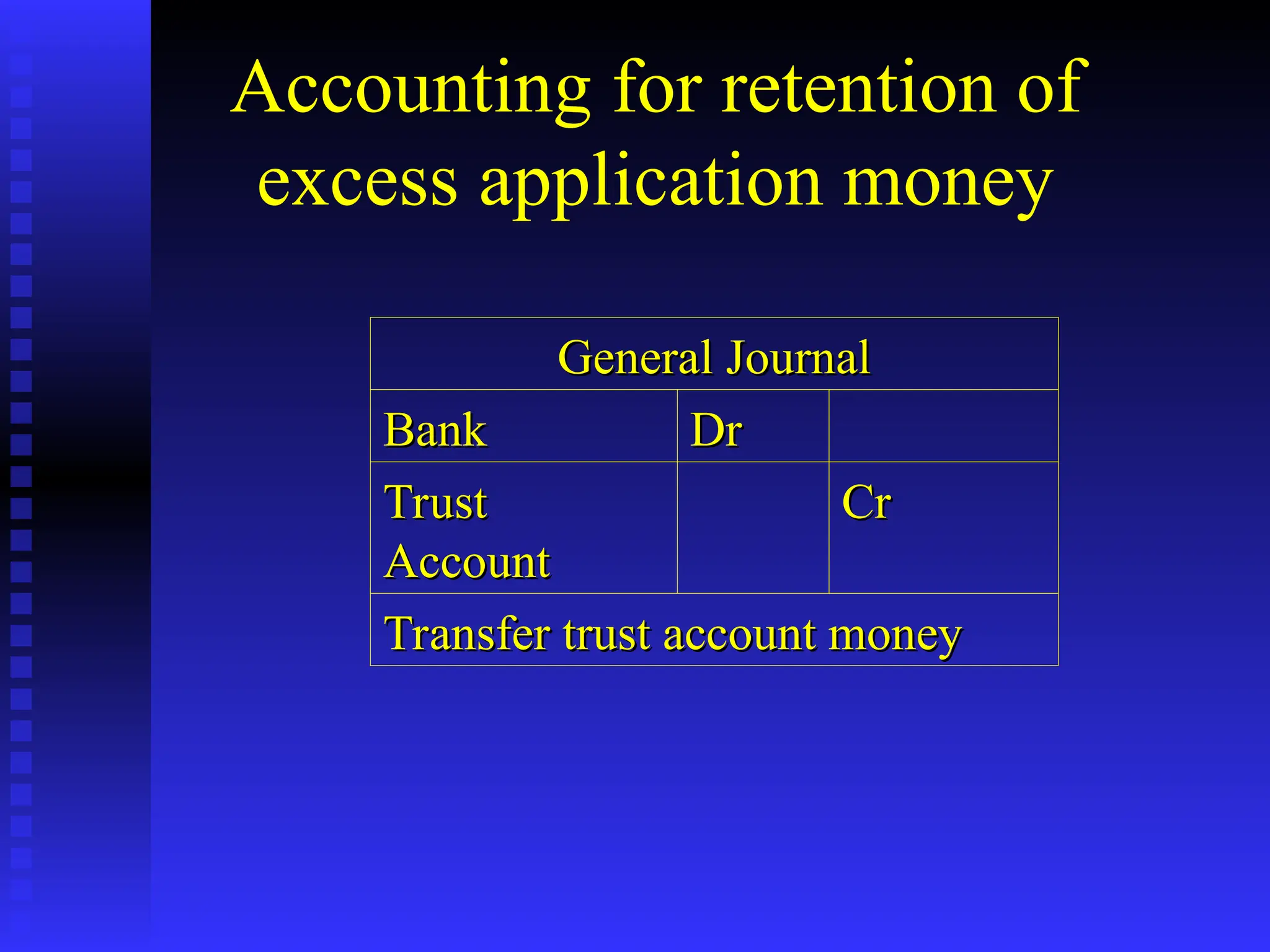 Accounting for retention of
excess application money
General Journal
General Journal
Bank
Bank Dr
Dr
Trust
Trust
Account
Account
Cr
Cr
Transfer trust account money
Transfer trust account money
 