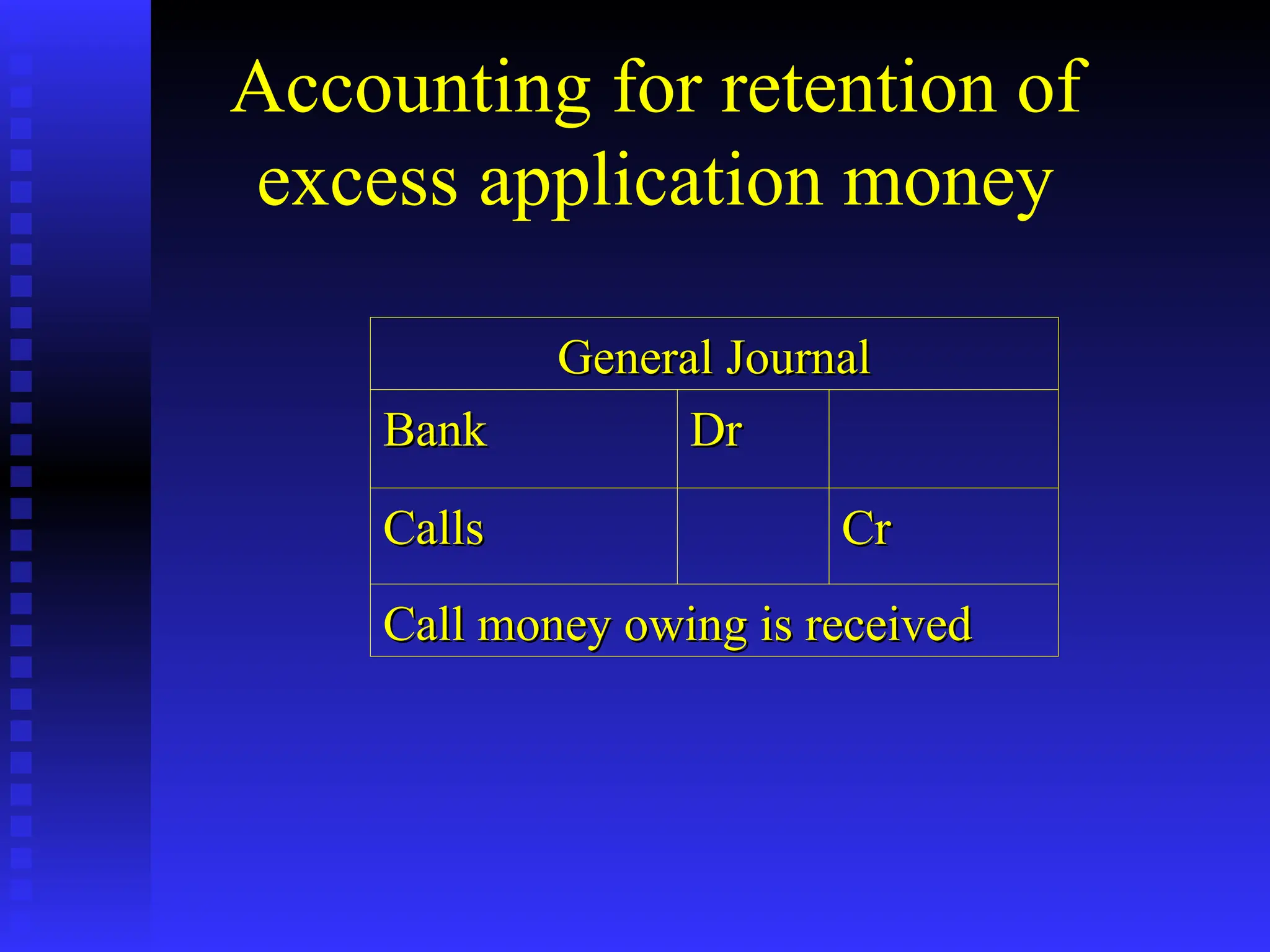 Accounting for retention of
excess application money
General Journal
General Journal
Bank
Bank Dr
Dr
Calls
Calls Cr
Cr
Call money owing is received
Call money owing is received
 