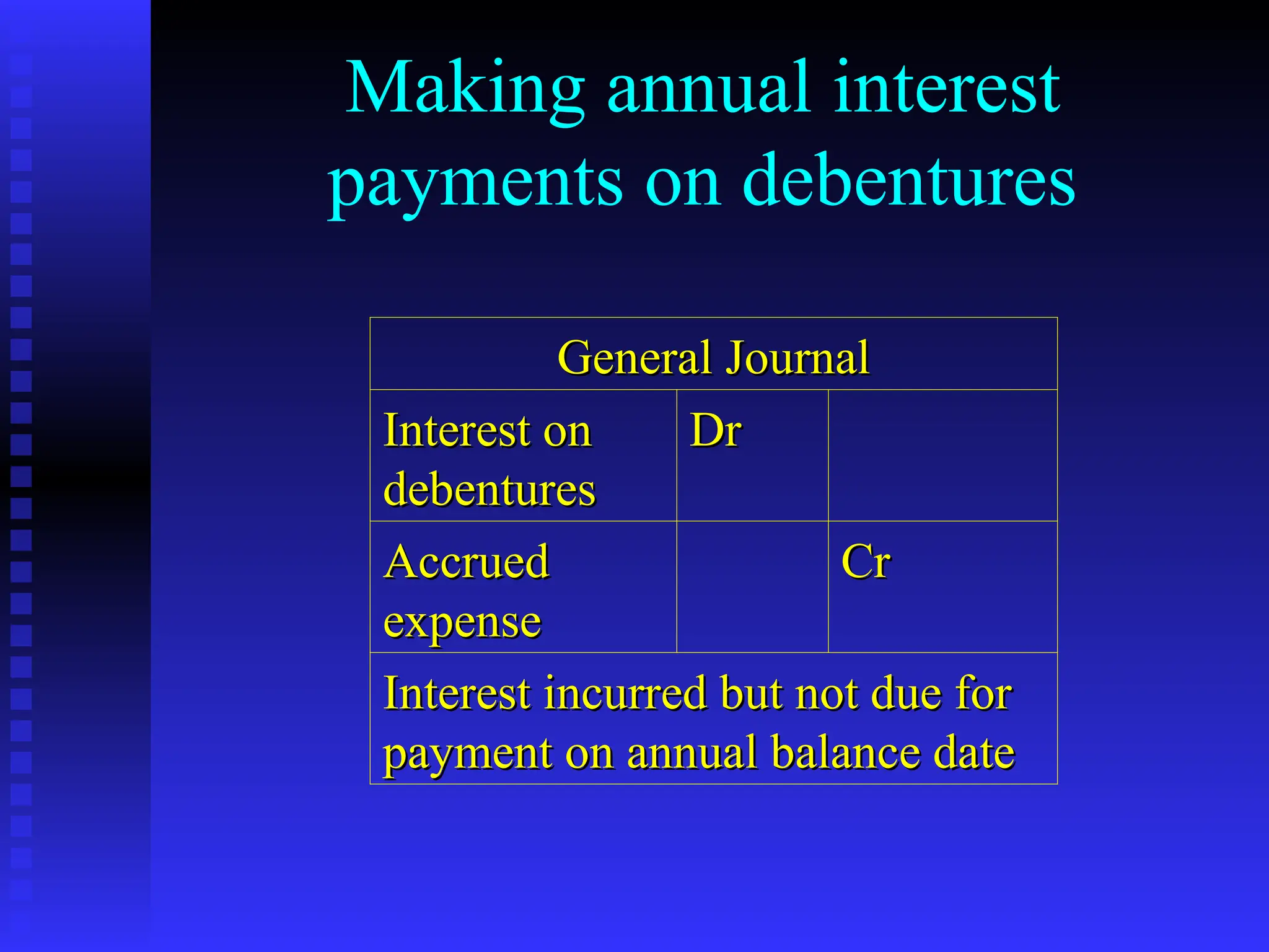 Making annual interest
payments on debentures
General Journal
General Journal
Interest on
Interest on
debentures
debentures
Dr
Dr
Accrued
Accrued
expense
expense
Cr
Cr
Interest incurred but not due for
Interest incurred but not due for
payment on annual balance date
payment on annual balance date
 