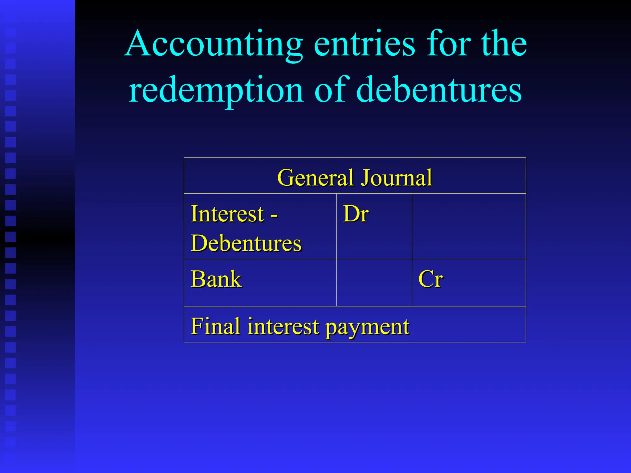 Accounting entries for the
redemption of debentures
General Journal
General Journal
Interest -
Interest -
Debentures
Debentures
Dr
Dr
Bank
Bank Cr
Cr
Final interest payment
Final interest payment
 