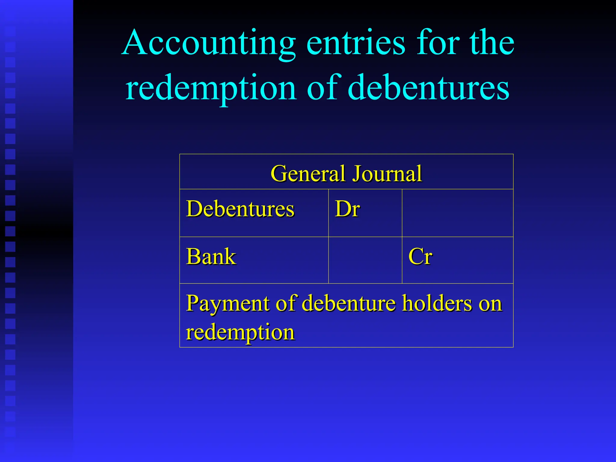 Accounting entries for the
redemption of debentures
General Journal
General Journal
Debentures
Debentures Dr
Dr
Bank
Bank Cr
Cr
Payment of debenture holders on
Payment of debenture holders on
redemption
redemption
 