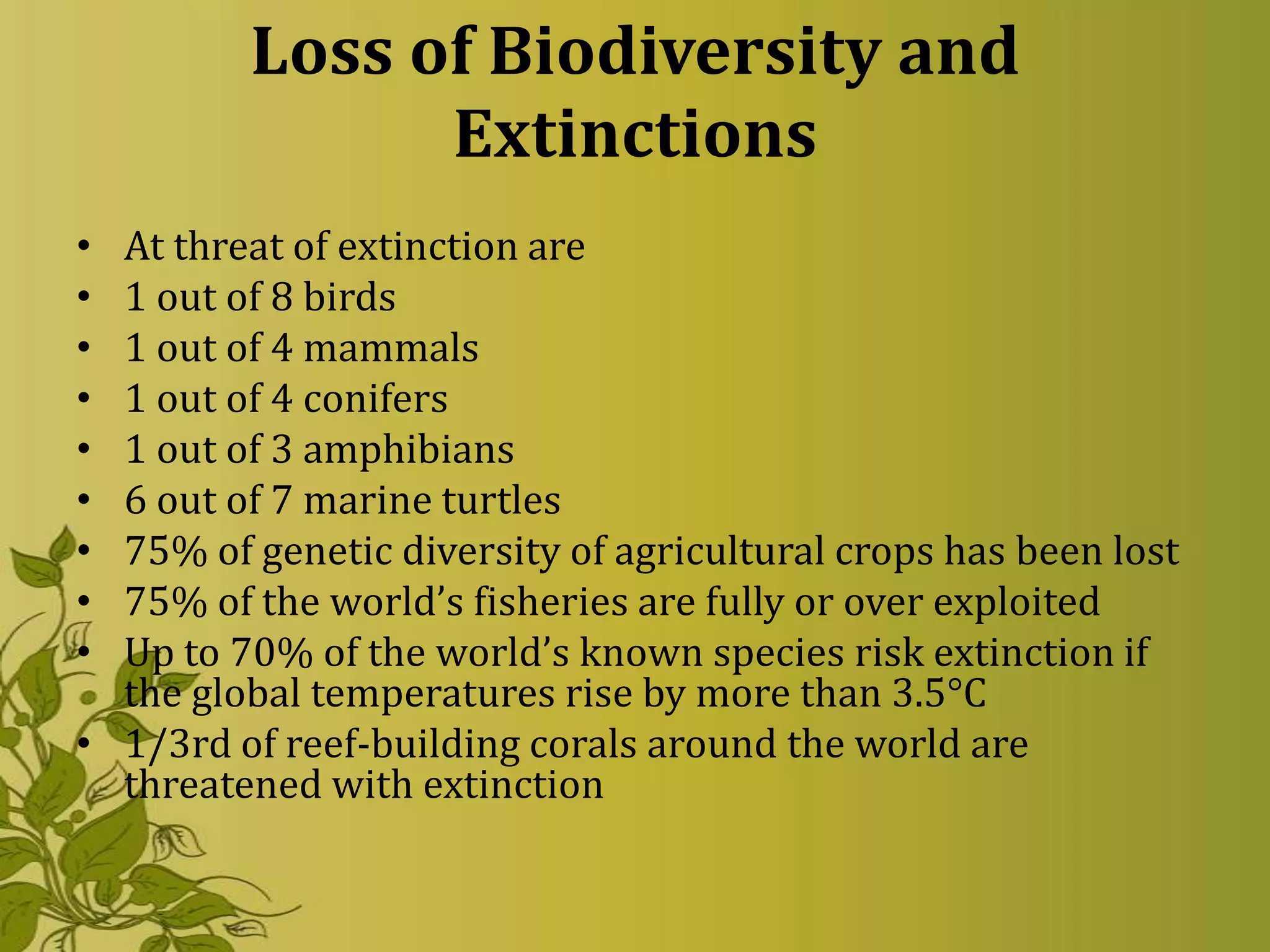 Loss of Biodiversity and
               Extinctions
• At threat of extinction are
• 1 out of 8 birds
• 1 out of 4 mammals
• 1 out of 4 conifers
• 1 out of 3 amphibians
• 6 out of 7 marine turtles
• 75% of genetic diversity of agricultural crops has been lost
• 75% of the world’s fisheries are fully or over exploited
• Up to 70% of the world’s known species risk extinction if
  the global temperatures rise by more than 3.5°C
• 1/3rd of reef-building corals around the world are
  threatened with extinction
 