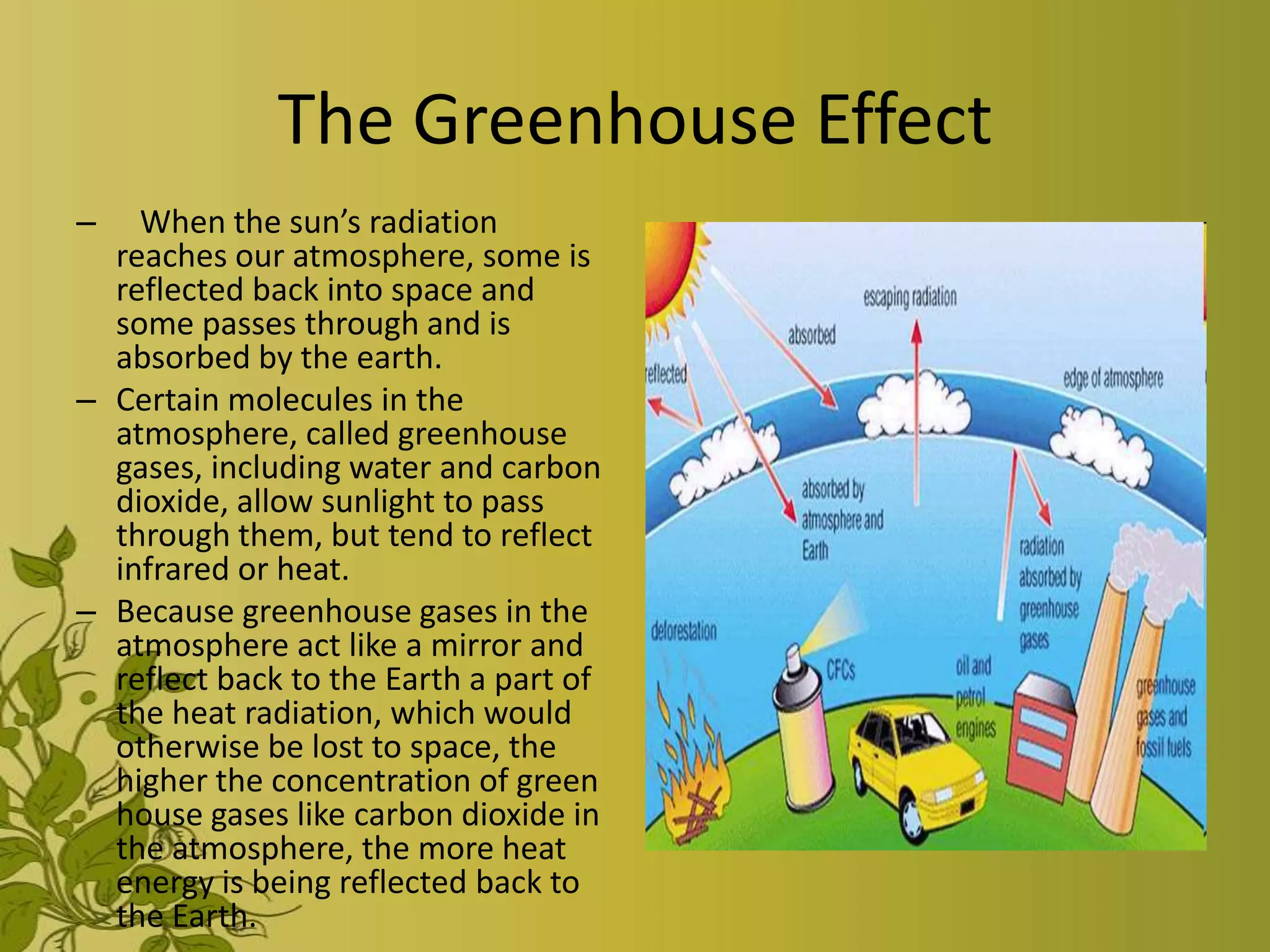 The Greenhouse Effect
–   When the sun’s radiation
  reaches our atmosphere, some is
  reflected back into space and
  some passes through and is
  absorbed by the earth.
– Certain molecules in the
  atmosphere, called greenhouse
  gases, including water and carbon
  dioxide, allow sunlight to pass
  through them, but tend to reflect
  infrared or heat.
– Because greenhouse gases in the
  atmosphere act like a mirror and
  reflect back to the Earth a part of
  the heat radiation, which would
  otherwise be lost to space, the
  higher the concentration of green
  house gases like carbon dioxide in
  the atmosphere, the more heat
  energy is being reflected back to
  the Earth.
 