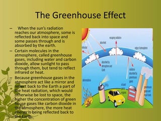 The Greenhouse Effect
–   When the sun’s radiation
  reaches our atmosphere, some is
  reflected back into space and
  some passes through and is
  absorbed by the earth.
– Certain molecules in the
  atmosphere, called greenhouse
  gases, including water and carbon
  dioxide, allow sunlight to pass
  through them, but tend to reflect
  infrared or heat.
– Because greenhouse gases in the
  atmosphere act like a mirror and
  reflect back to the Earth a part of
  the heat radiation, which would
  otherwise be lost to space, the
  higher the concentration of green
  house gases like carbon dioxide in
  the atmosphere, the more heat
  energy is being reflected back to
  the Earth.
 