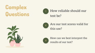 Complex
Questions
How reliable should our
test be?
Are our test scores valid for
this use?
How can we best interpret the
results of our test?
1
2
3
 