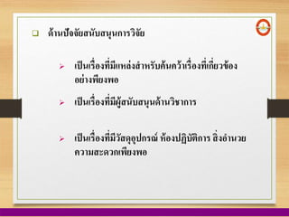  ด้านปัจจัยสนับสนุนการวิจัย
 เป็นเรื่องที่มีแหล่งสาหรับค้นคว้าเรื่องที่เกี่ยวข้อง
อย่างพียงพอ
 เป็นเรื่องที่มีวัสดุอุปกรณ์ ห้องปฏิบัติการ สิ่งอานวย
ความสะดวกเพียงพอ
 เป็นเรื่องที่มีผู้สนับสนุนด้านวิชาการ
 