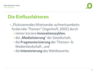 Die Einflussfaktoren
•„Fluktuierendes Miteinander aufmerksamkeits-
 fordernder Themen“ (Ingenhoff, 2003) durch
  •immer kürzere Innovationszyklen,
  •die „Mediatisierung“ der Gesellschaft,
  •die Fragmentarisierung der Themen- &
    Medienlandschaft , und
  •die Intensivierung des Wettbewerbs.



                                                5
 