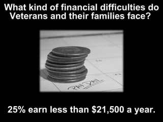 What kind of financial difficulties do Veterans and their families face?  25% earn less than $21,500 a year. 