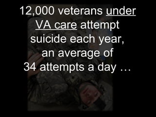 12,000 veterans  under VA care  attempt suicide each year, an average of 34 attempts a day … 