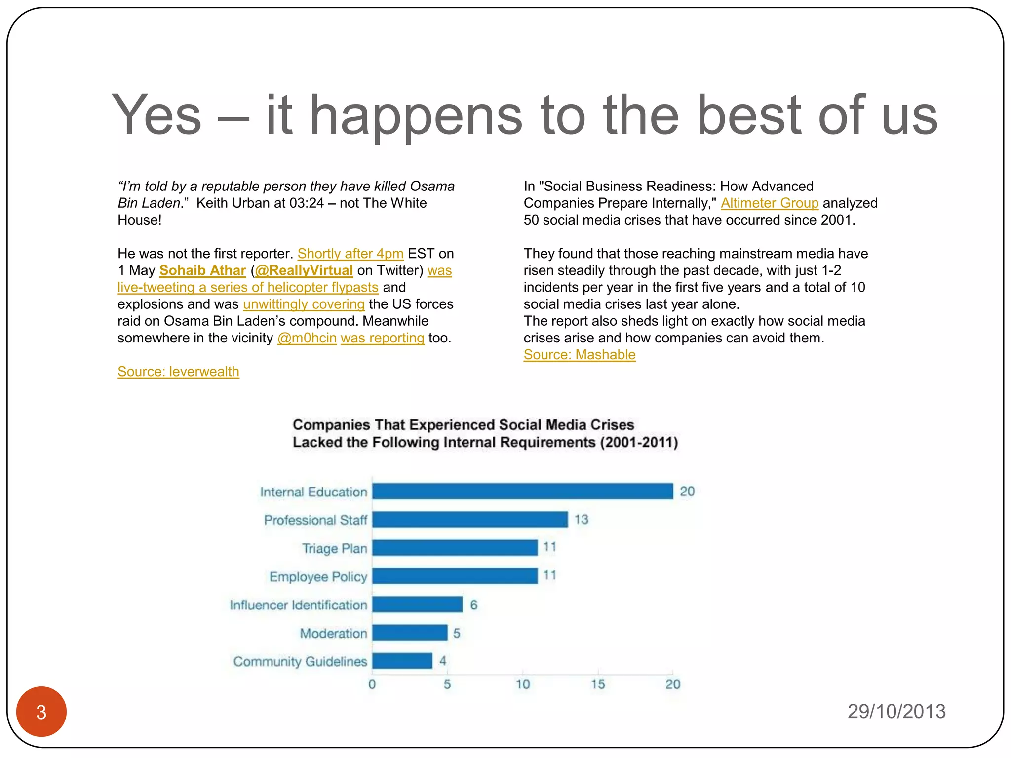 Yes – it happens to the best of us
“I’m told by a reputable person they have killed Osama
Bin Laden.” Keith Urban at 03:24 – not The White
House!

In "Social Business Readiness: How Advanced
Companies Prepare Internally," Altimeter Group analyzed
50 social media crises that have occurred since 2001.

He was not the first reporter. Shortly after 4pm EST on
1 May Sohaib Athar (@ReallyVirtual on Twitter) was
live-tweeting a series of helicopter flypasts and
explosions and was unwittingly covering the US forces
raid on Osama Bin Laden‟s compound. Meanwhile
somewhere in the vicinity @m0hcin was reporting too.

They found that those reaching mainstream media have
risen steadily through the past decade, with just 1-2
incidents per year in the first five years and a total of 10
social media crises last year alone.
The report also sheds light on exactly how social media
crises arise and how companies can avoid them.
Source: Mashable

Source: leverwealth

3

29/10/2013

 