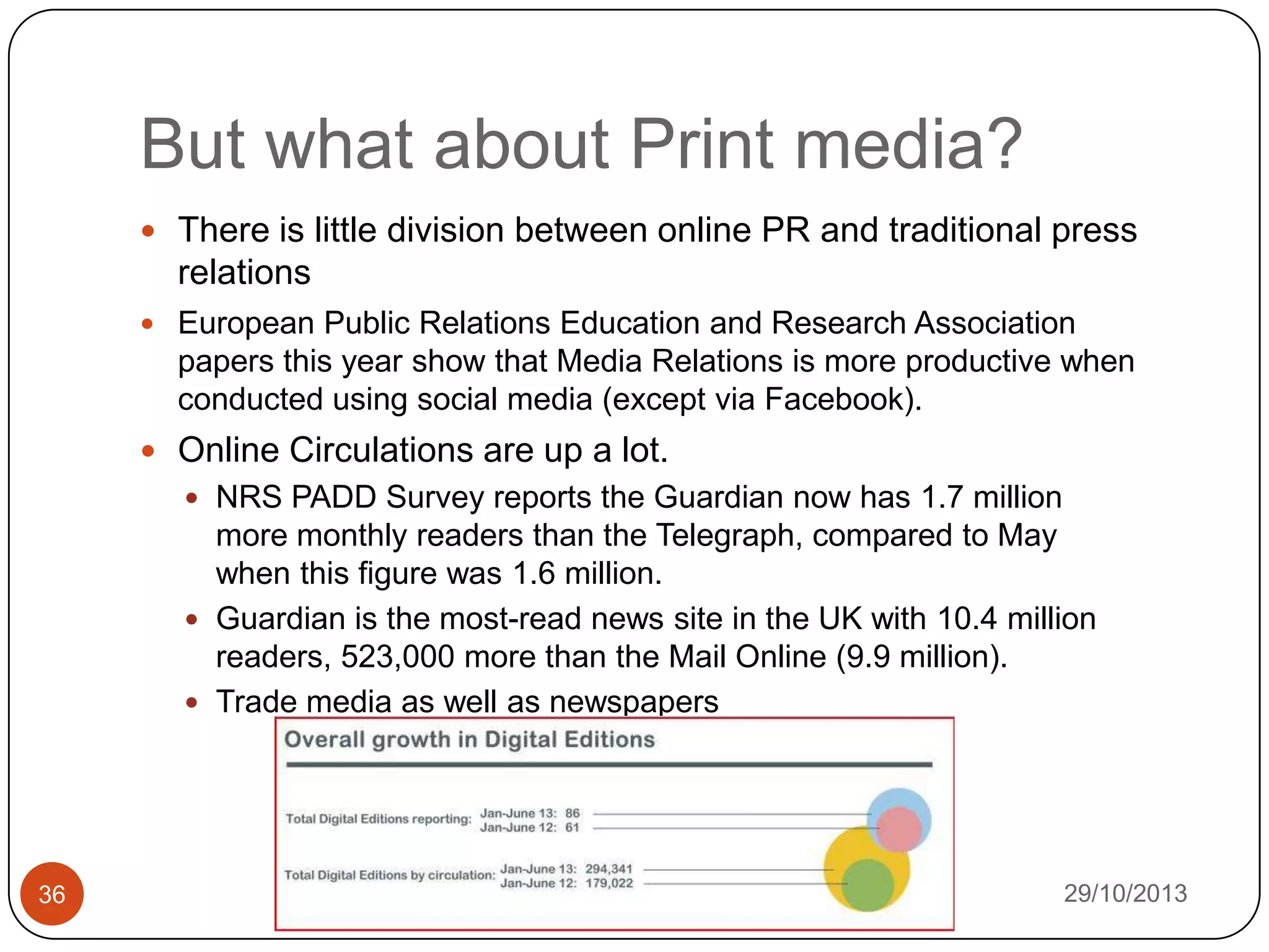But what about Print media?
 There is little division between online PR and traditional press

relations
 European Public Relations Education and Research Association

papers this year show that Media Relations is more productive when
conducted using social media (except via Facebook).
 Online Circulations are up a lot.
 NRS PADD Survey reports the Guardian now has 1.7 million

more monthly readers than the Telegraph, compared to May
when this figure was 1.6 million.
 Guardian is the most-read news site in the UK with 10.4 million
readers, 523,000 more than the Mail Online (9.9 million).
 Trade media as well as newspapers

36

29/10/2013

 