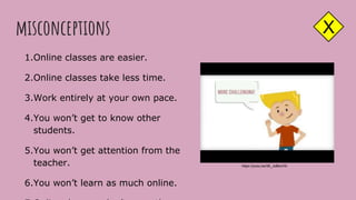 misconceptions
1.Online classes are easier.
2.Online classes take less time.
3.Work entirely at your own pace.
4.You won’t get to know other
students.
5.You won’t get attention from the
teacher.
6.You won’t learn as much online.
https://youtu.be/3K_JoBkxVI0
X
 