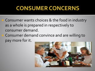  Consumer wants choices & the food in industry
as a whole is prepared in respectively to
consumer demand.
 Consumer dema...